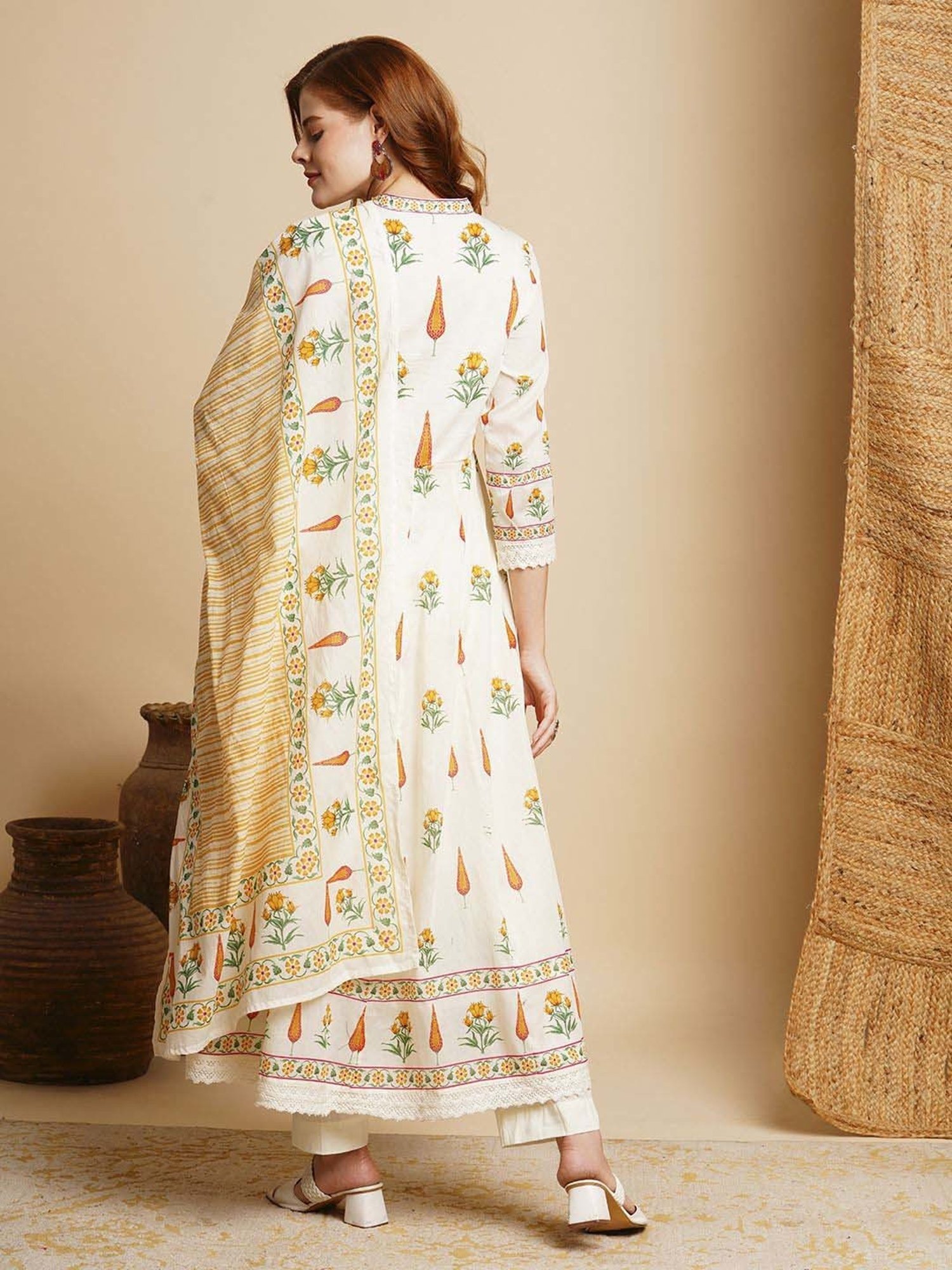 Fashor White Cotton Printed Kurta & Pant Set With Dupatta