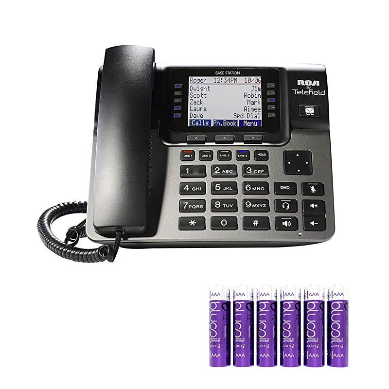 RCA U1100 Unison Wireless Deskphone - 4 Line Phone Systems for Small Business with Digital Receptionist Bundle with 6  AAA Batteries