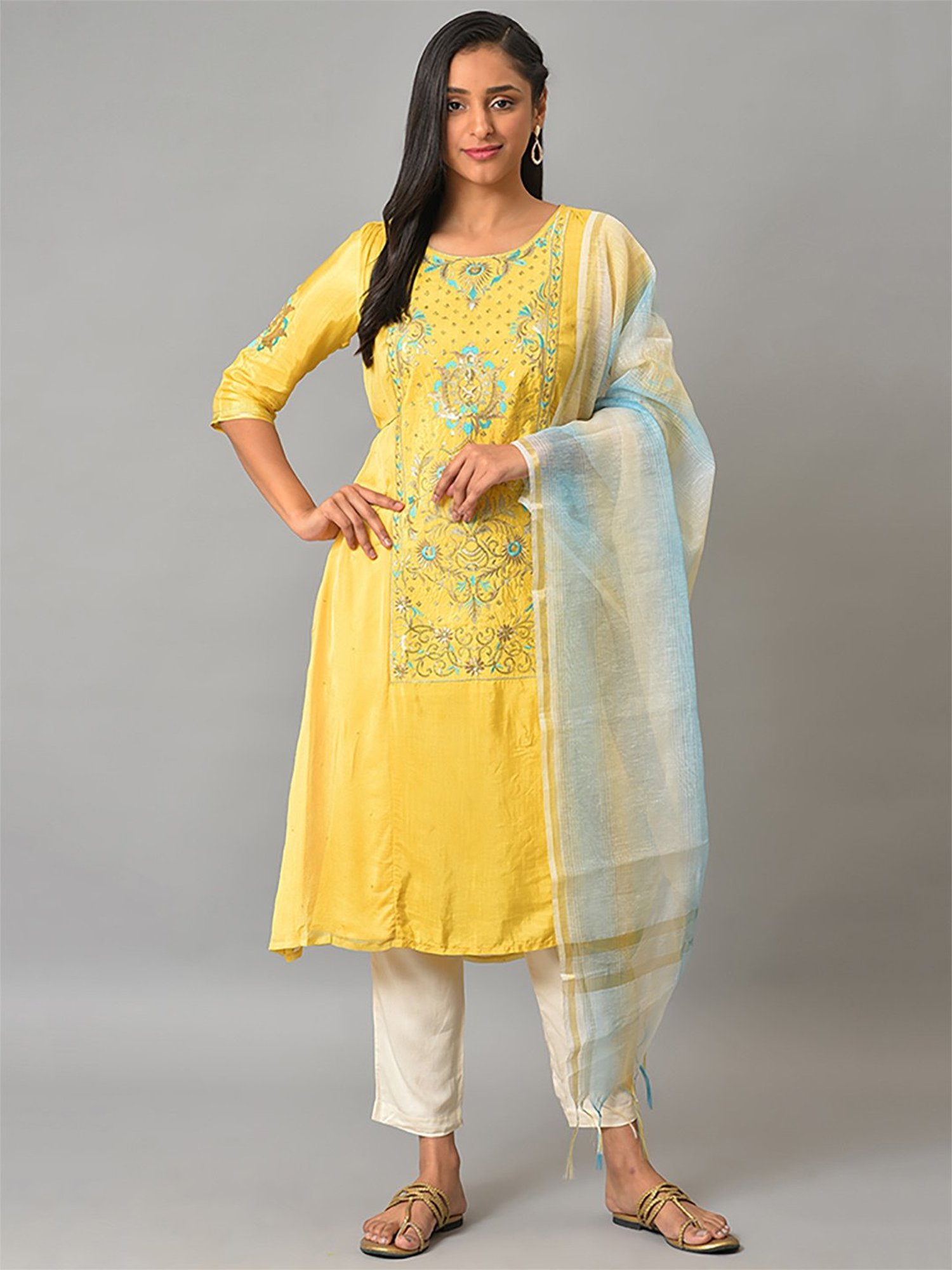 Aurelia Women Yellow Floral Print Viscose Blend Kurta Set with Trousers & Dupatta
