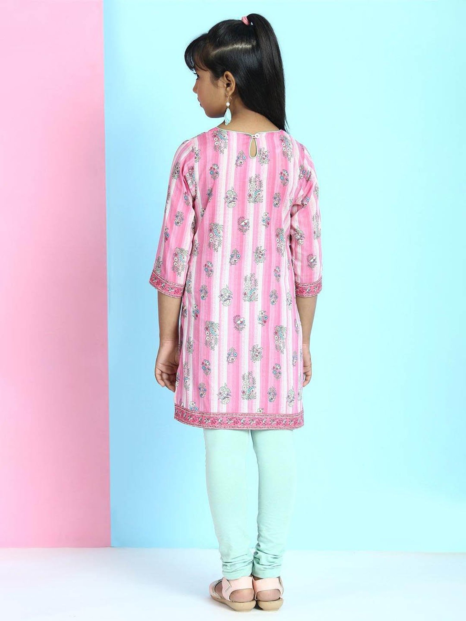 BIBA Girls Pink & Green Printed Kurta, Leggings with Dupatta