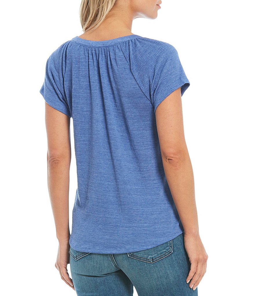 One World Apparel Petite Size Solid Notch Neck Raglan Sleeve Knit Gauze Top