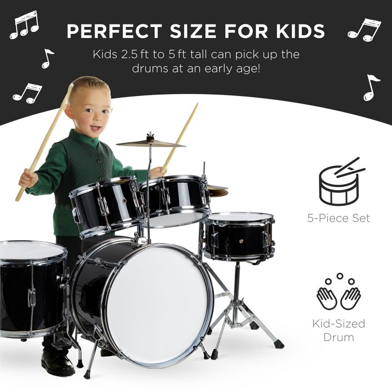 Best Choice Products 5-Piece Kids Beginner Junior Size Drum Set, Percussion Instrument Starter Kit w/ Stool - Black