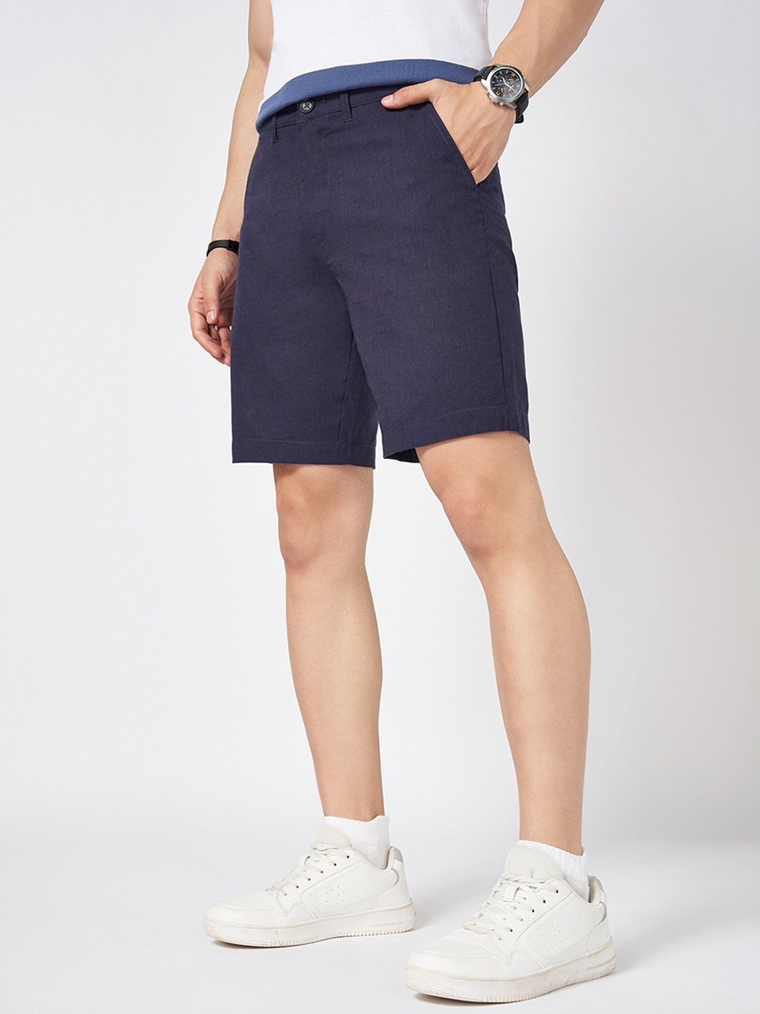 Byford By Pantaloons Navy Cotton Slim Fit Texture Shorts