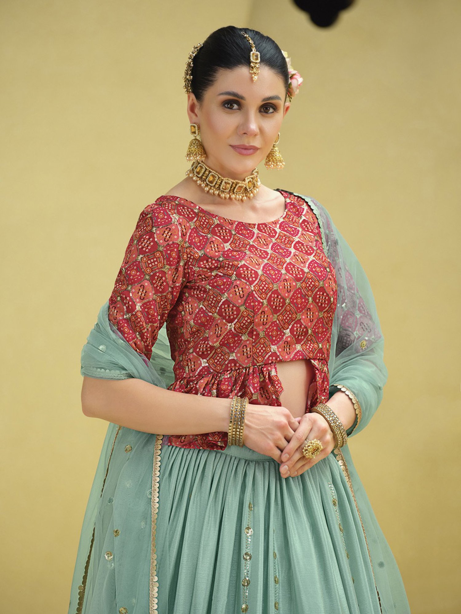 SHUBHKALA Sky Blue & Red Embellished Lehenga and Choli Set With Dupatta