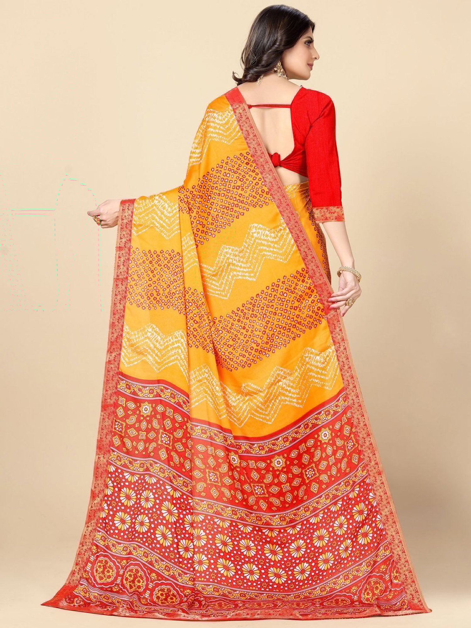 Rangita Yellow & Red Printed Saree With Unstitched Blouse