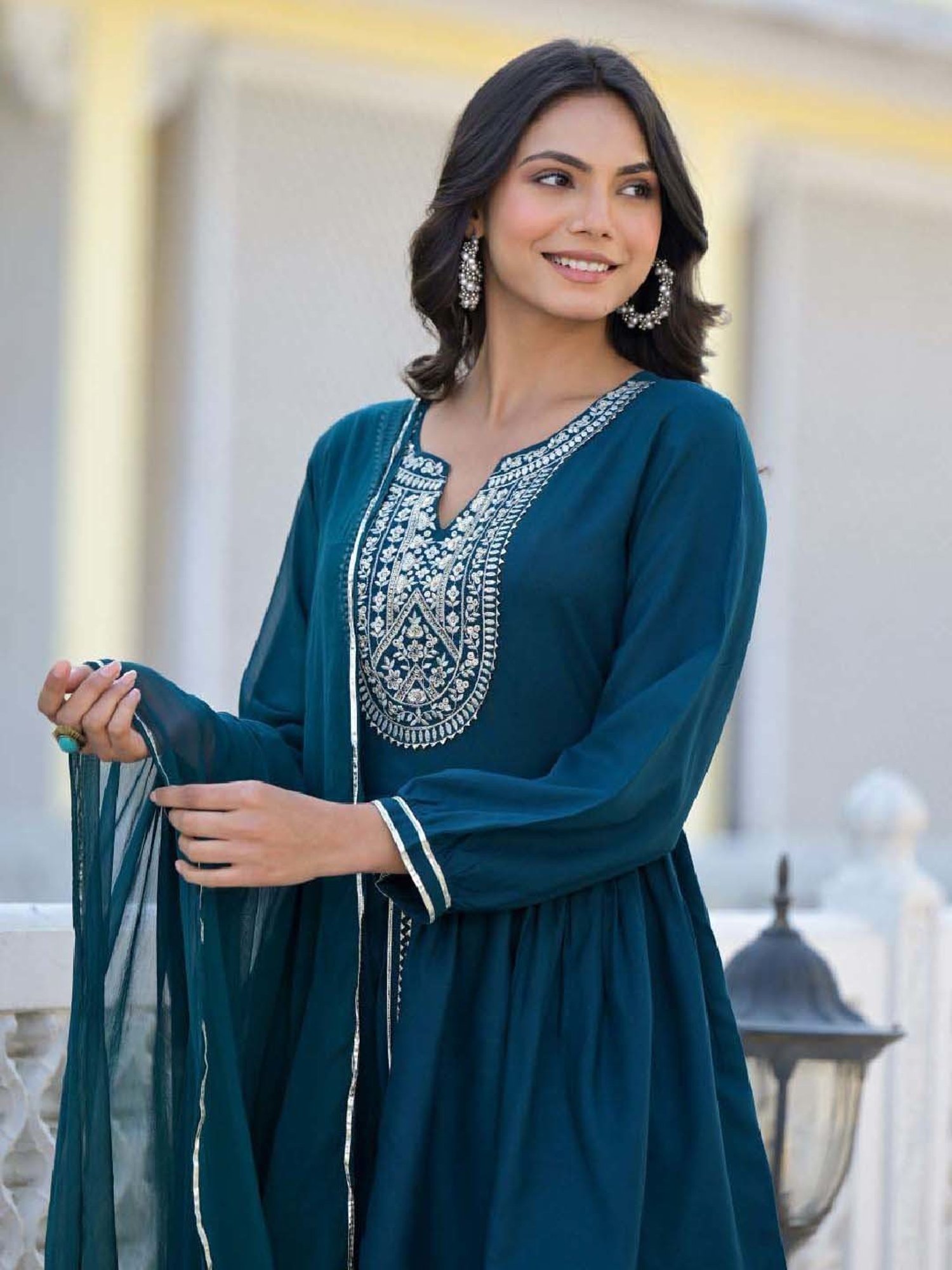 Stylum Blue Embroidered Kurti Dhoti Pant Set With Dupatta