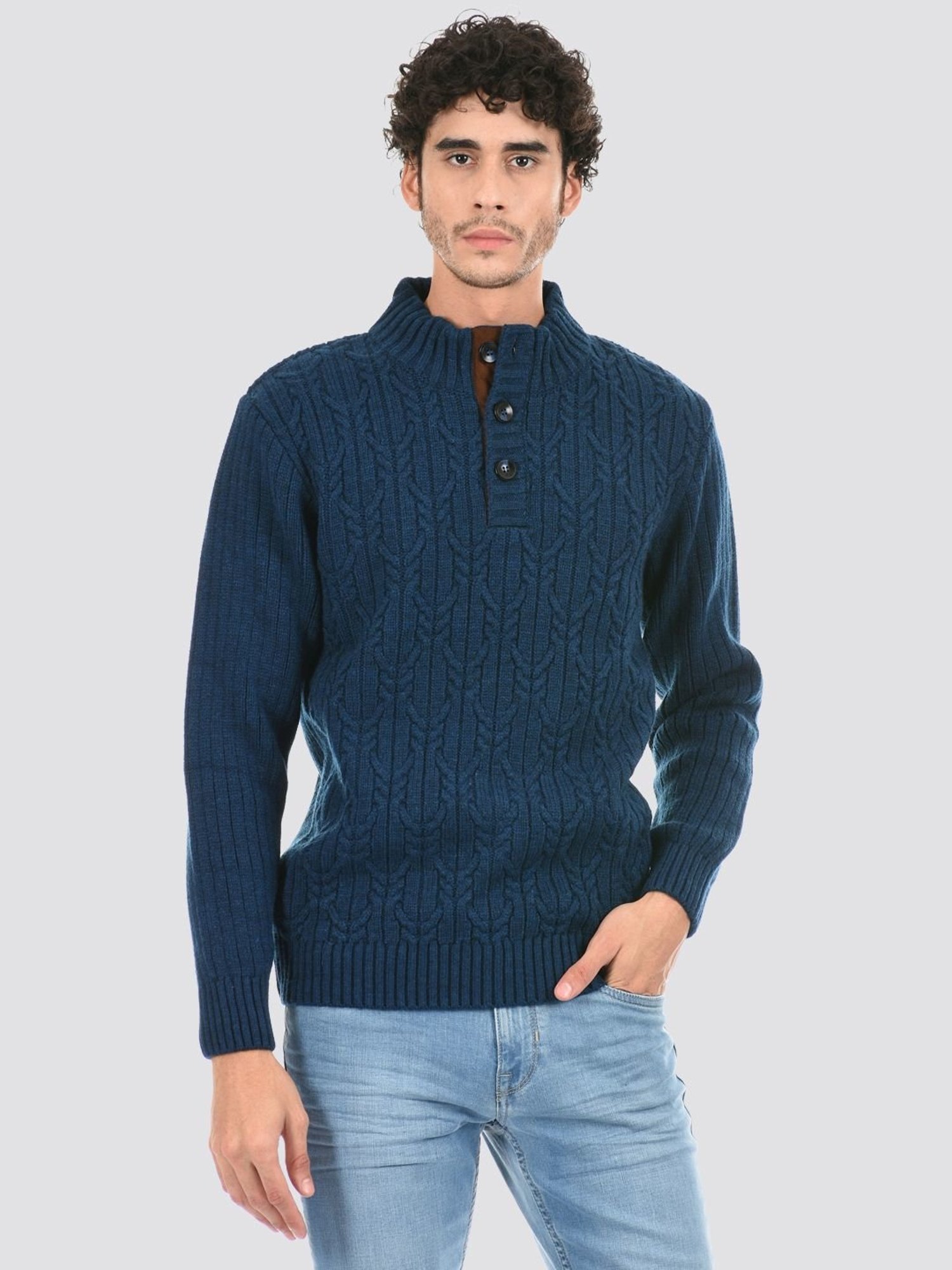 London Fog Blue Regular Fit Texture Sweater