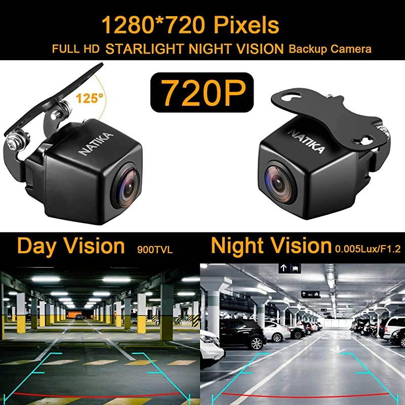 720P BackupFront View Camera IP69K Waterproof Starlight Night Vision Full HD and 210 Degrees Wide View Angle Reverse Rear View Backup Camera for Cars Jeep Pickup Trucks SUV RV Van