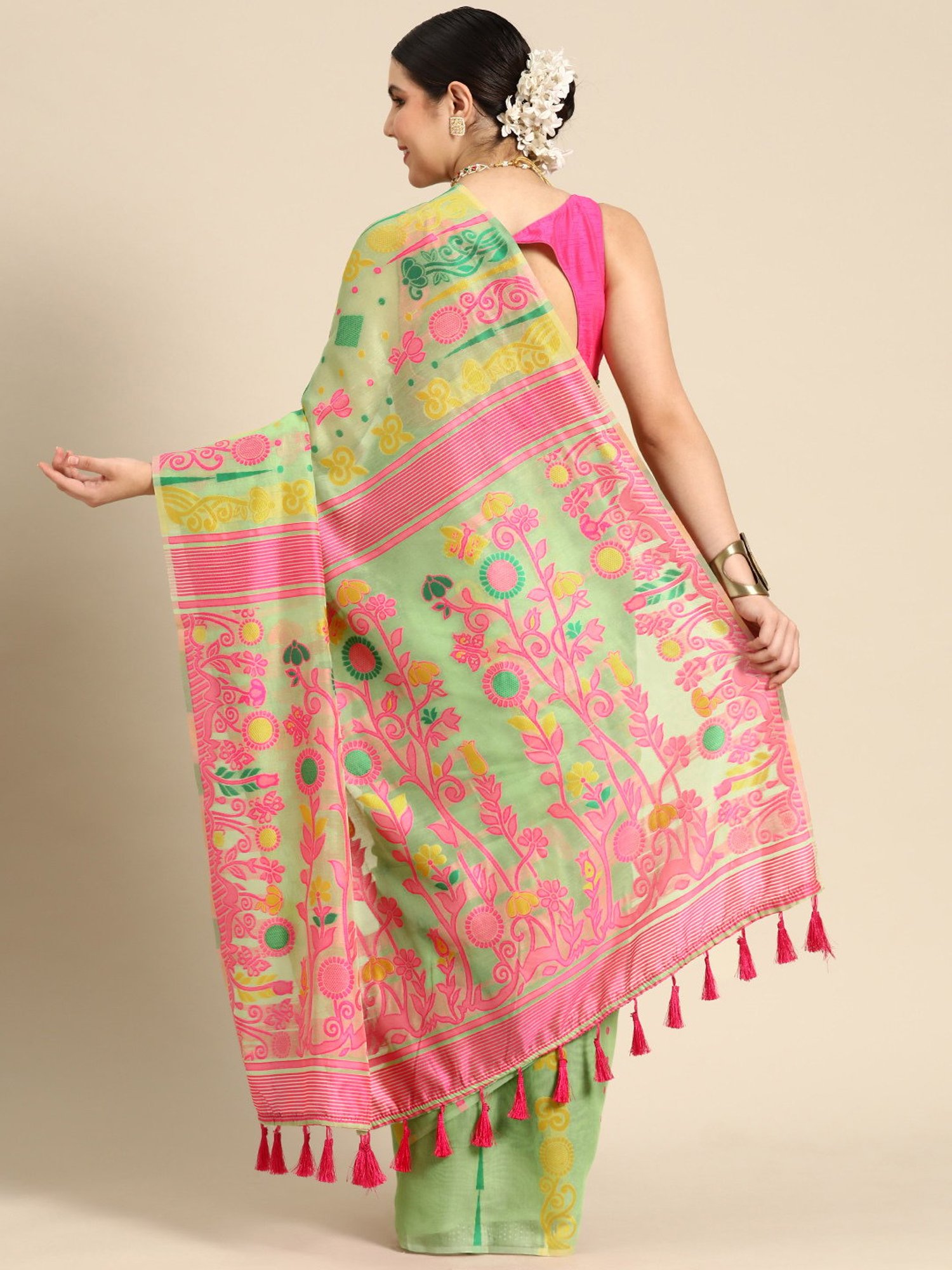 Silk Land Green Pure Cotton Woven Saree With Unstitched Blouse