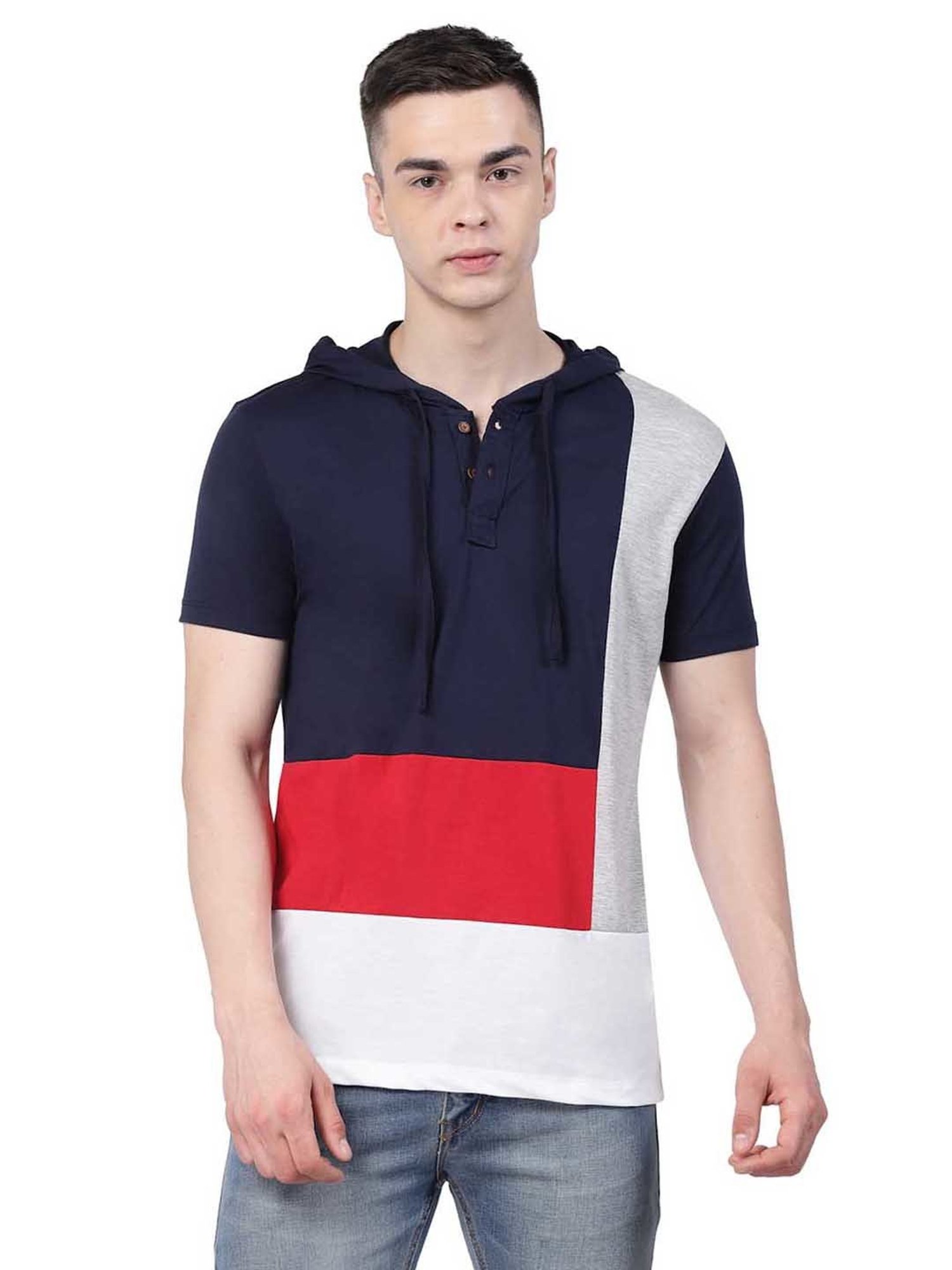 Kalt White & Navy Regular Fit Hooded T-Shirt
