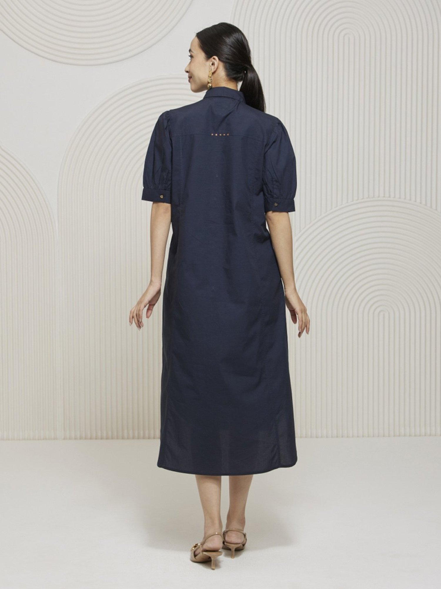 Artagai Midnight Navy Elevated Basics Front Open Calf Length Dress