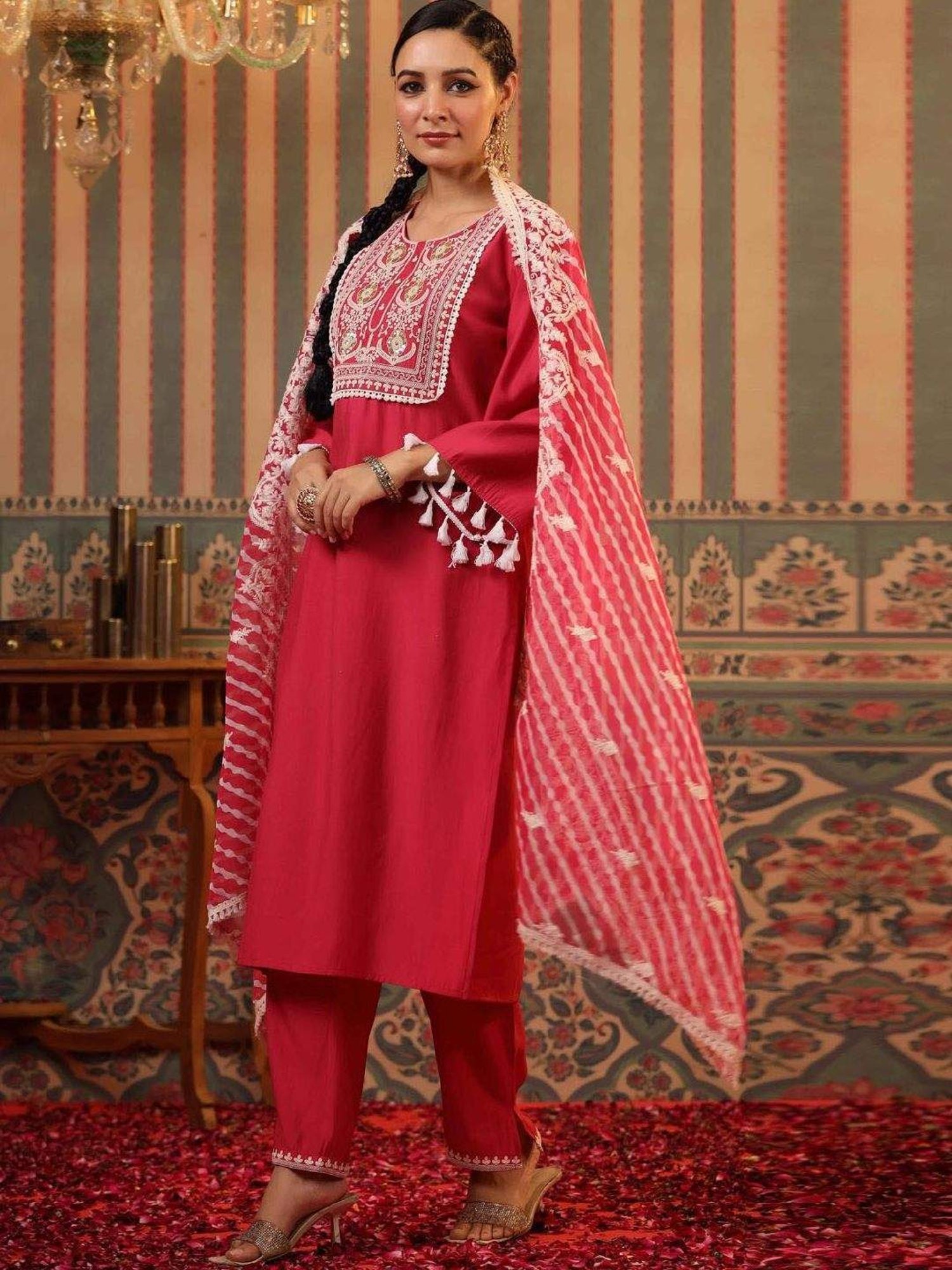 SCAKHI Pink Modal Embroidered Kurta and Pant With Organza Leheriya Dupatta