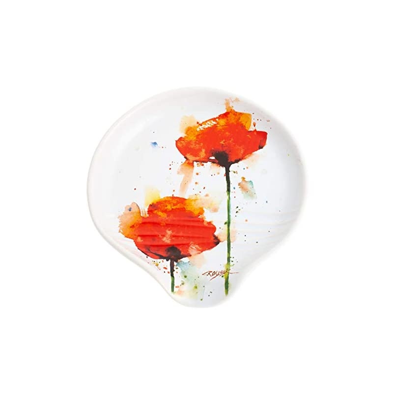 Crouser Poppy Flower Floral Watercolor Red 5 x 5 Glossy Ceramic Stoneware Spoon Rest