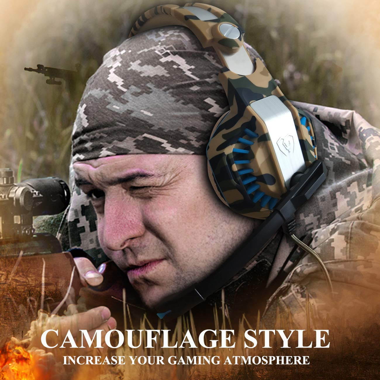 Camo Gaming Headset for PS4, PC, Laptop Cellphone -Stereo Surround Gaming Headphones with Microphone, Noise Cancelling, LED Lights for Tablet-Camouflage