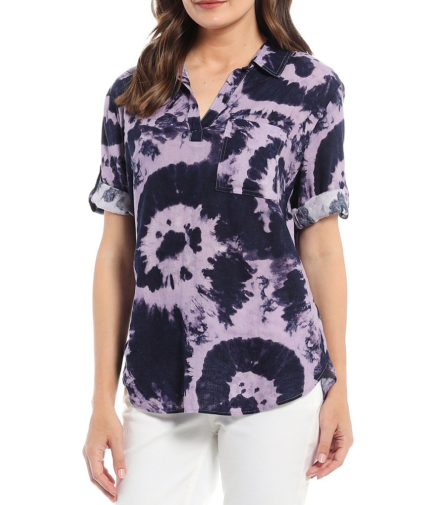 Westbound Tie Dye Roll Sleeve Y-Neck Popover Top