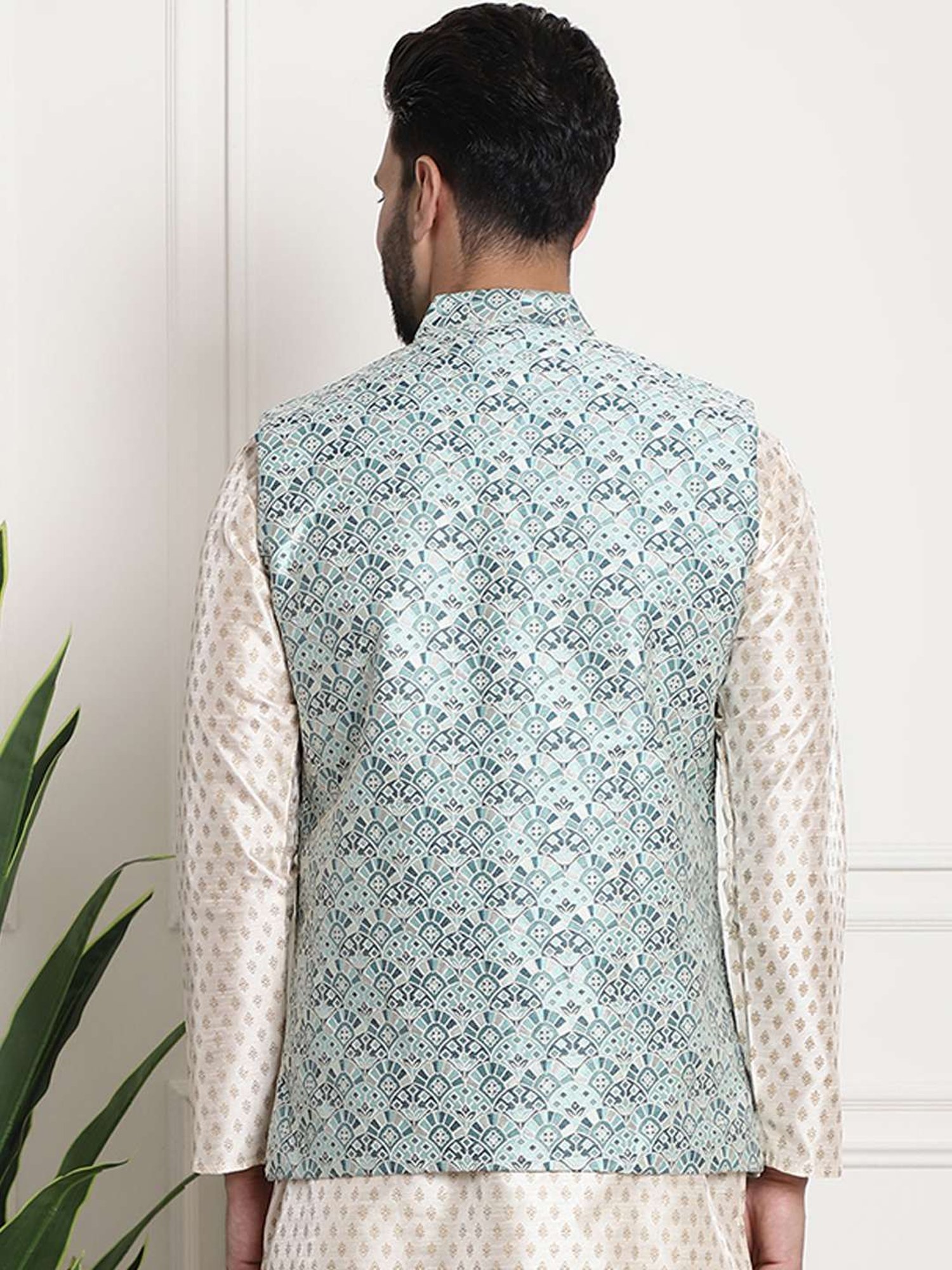 Sojanya Teal Regular Fit Self Pattern Nehru Jacket