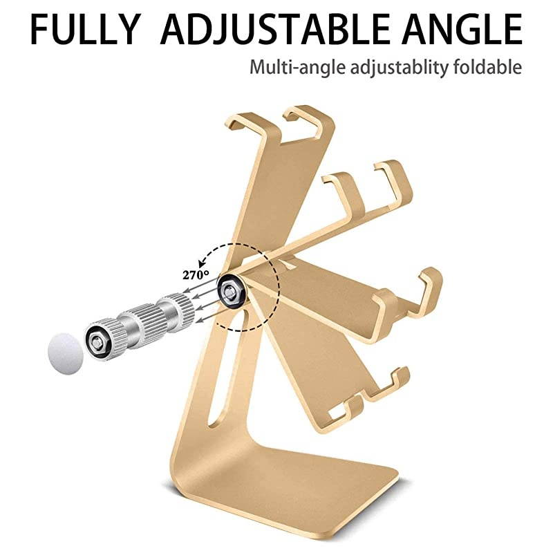 Cell Phone Stand Adjustable MultiAngle Aluminum NonSlip Dock Holder Cradle Charger Station Mount Foldable Portable Desktop Organizer Table Kitchen Room Office School Gold