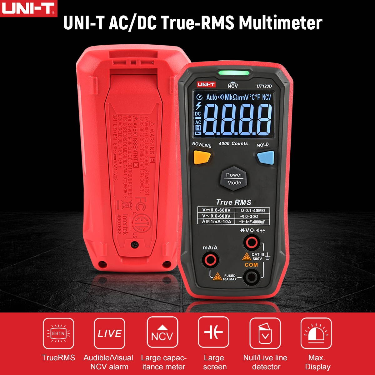 UNI-T Palm-sized Digital Multimeter AC/DC True-RMS Multimeter 4mF(4000uF) Large Capacitance Meter Auto-ranging Multi Tester with Resistance Capacitance Diode Continuity NCV Live Wire Tests