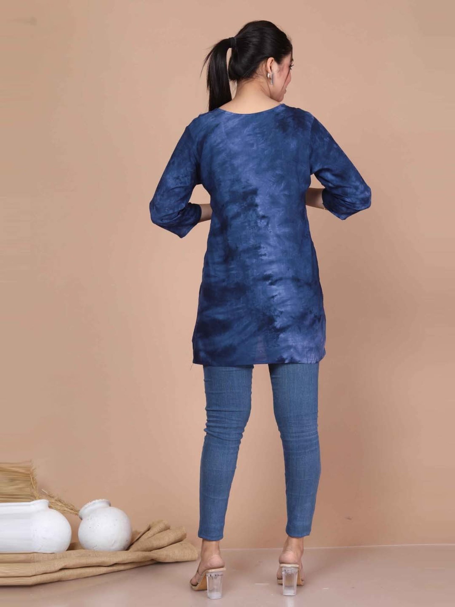 Miravan Blue Embroidered Straight Short Kurti