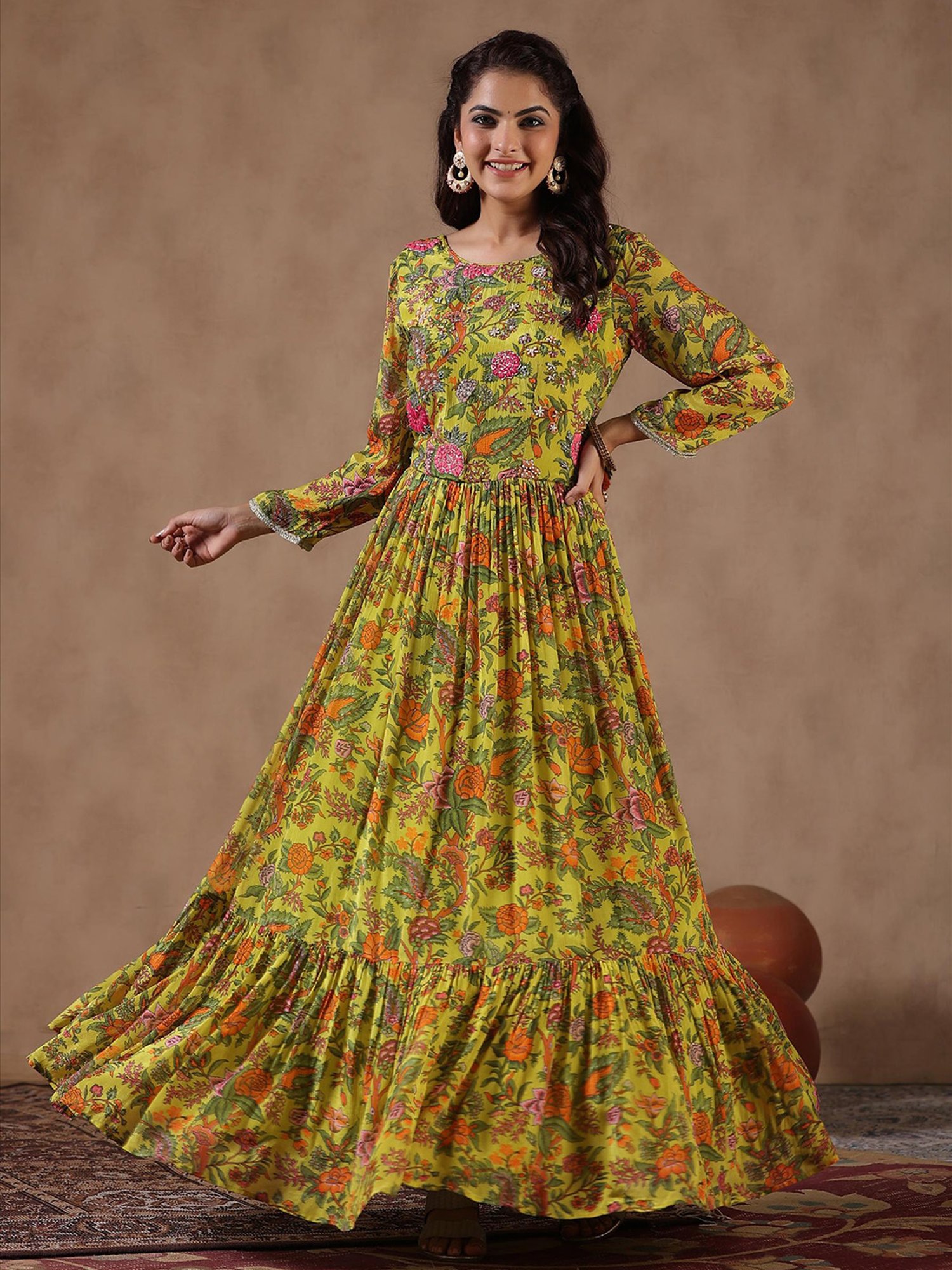 Saffron Threads Black Cotton Floral Print Ethnic Dress