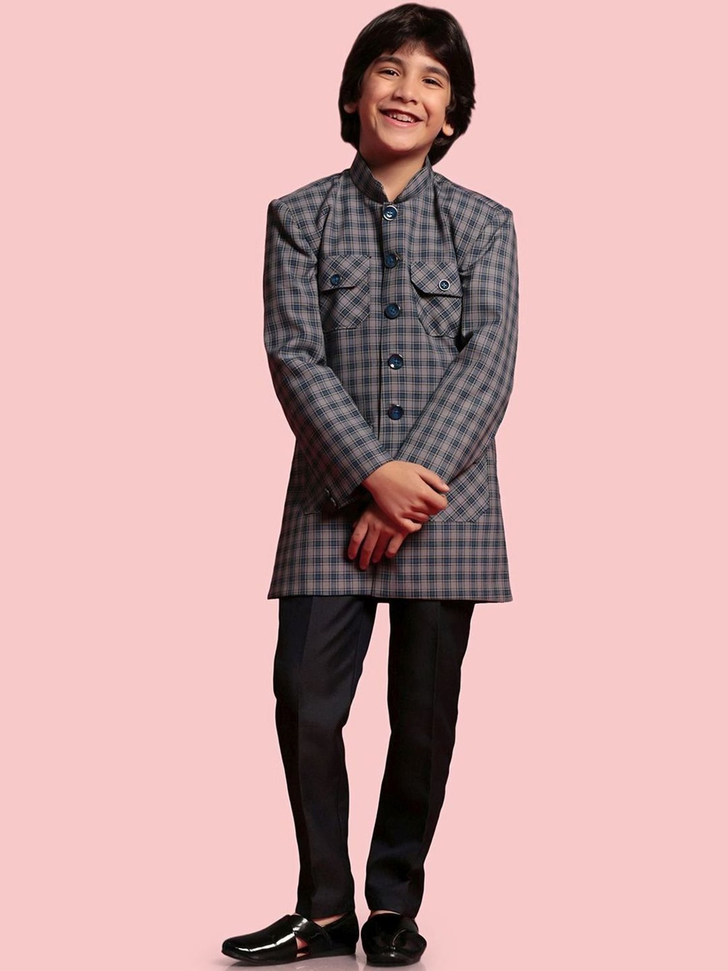 AJ Dezines Kids Blue & Black Chequered Full Sleeves Blazer Set