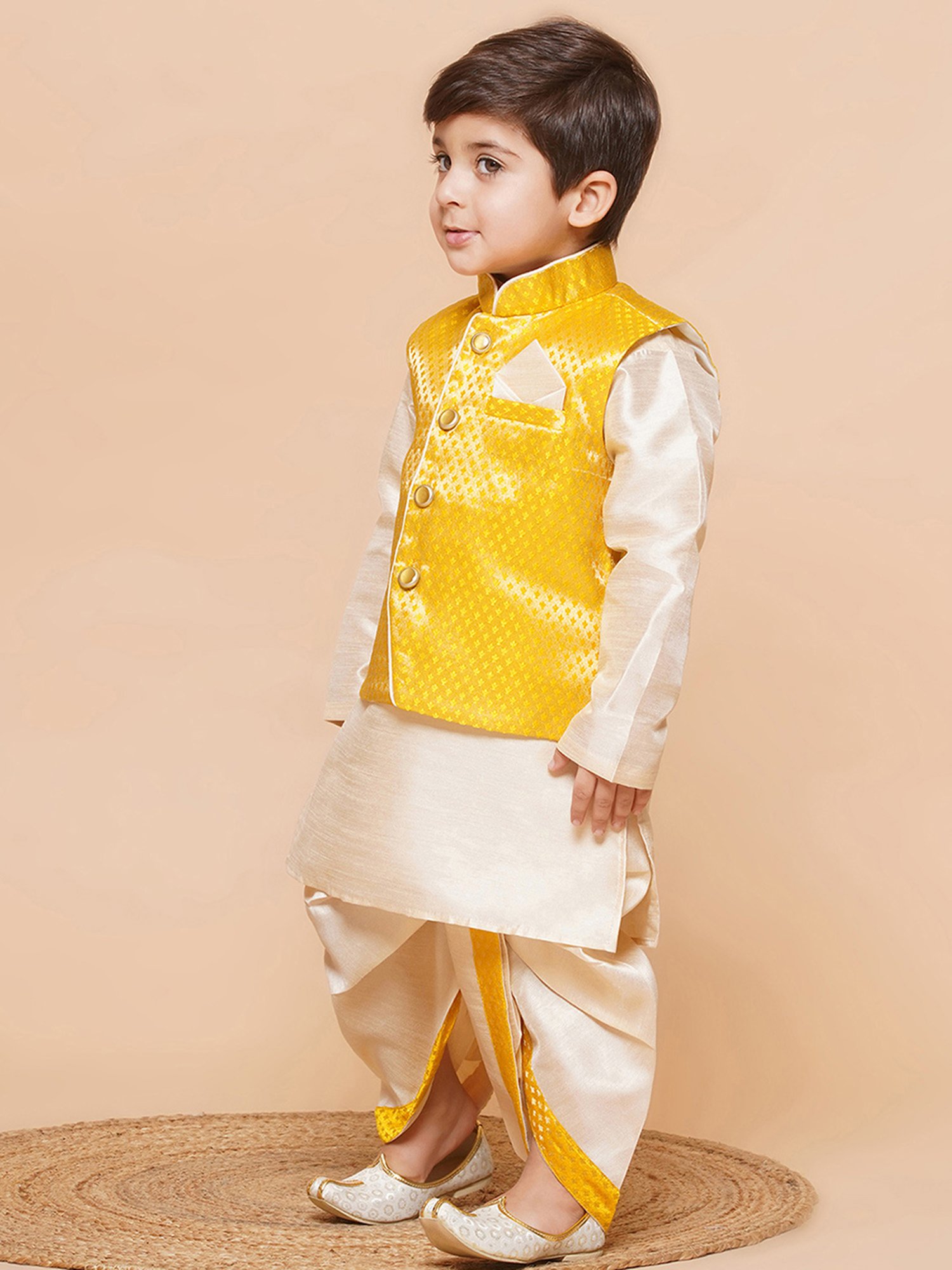AJ Dezines Kids Beige & Yellow Self Design Full Sleeves Kurta, Dhoti with Waistcoat