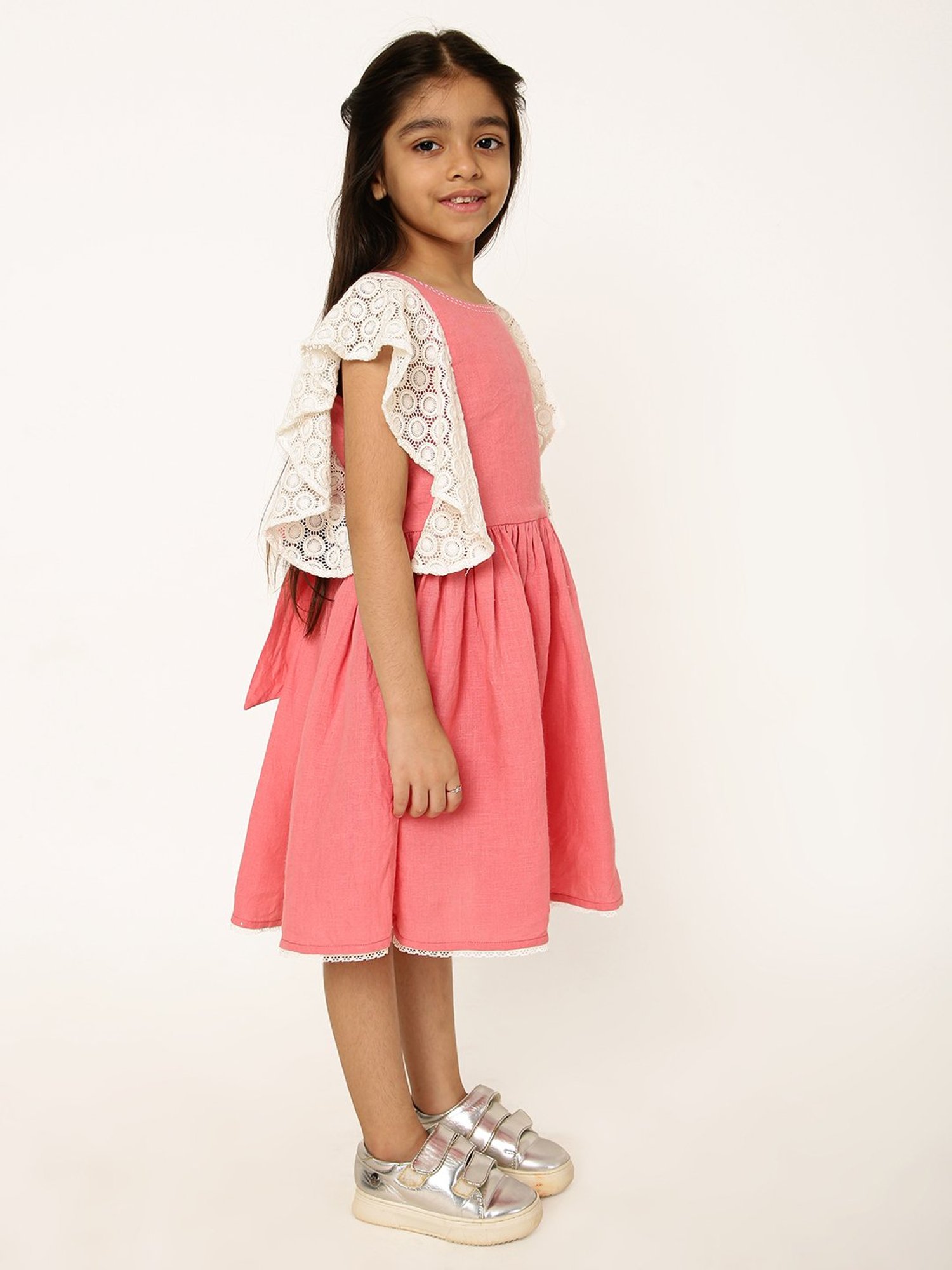 A Little Fable Girls Coral & White Self Design Dress