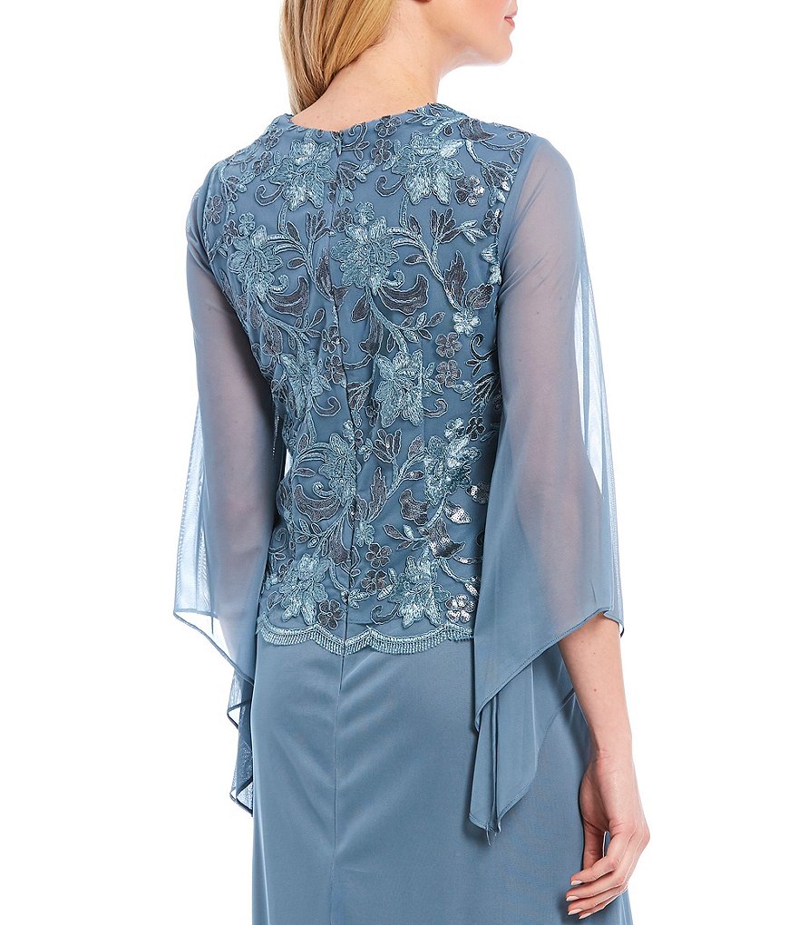 Kay Unger Long Bishop Sleeve V-Neck Crepe A-Line Dress