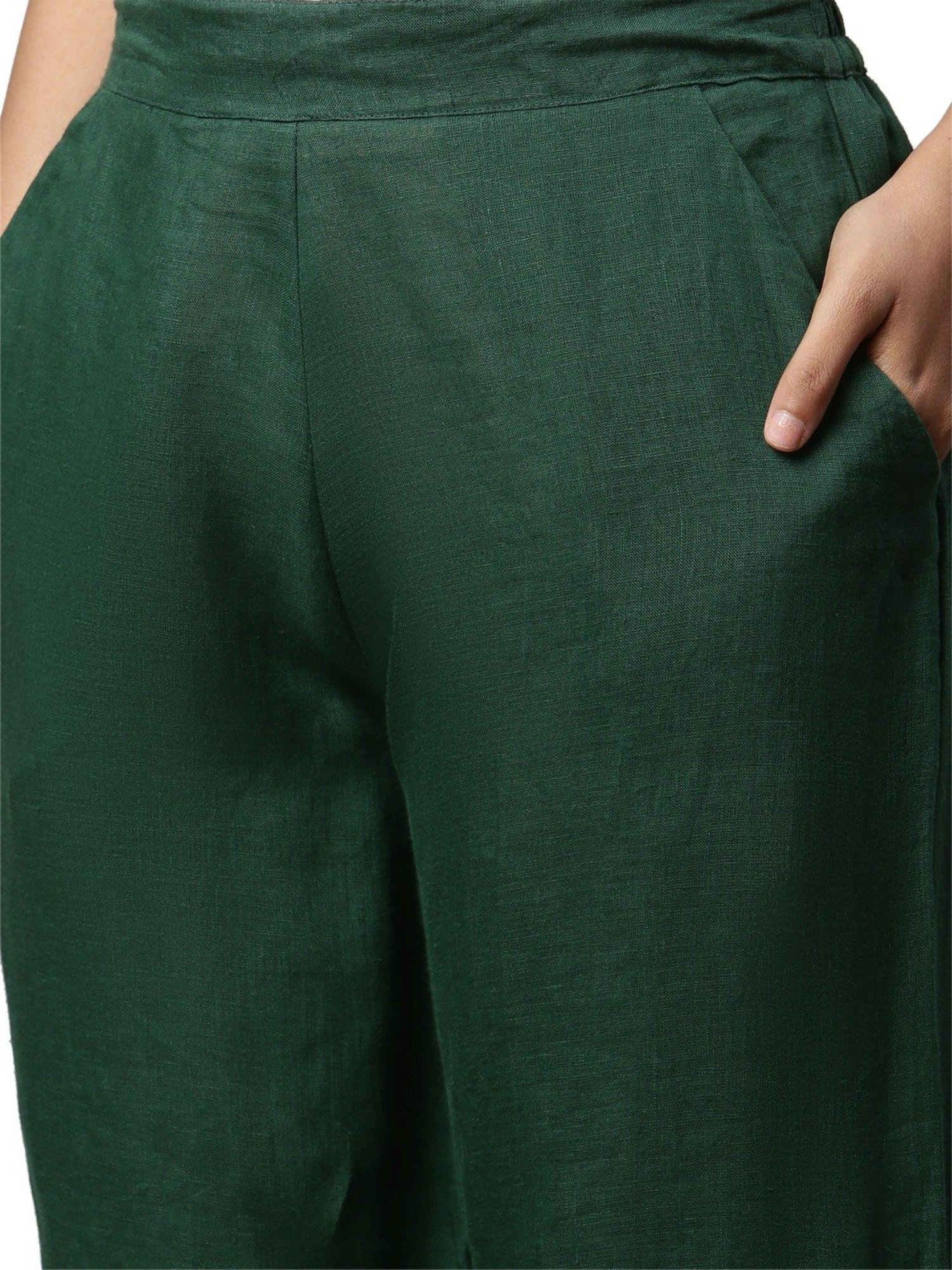 Linen Club Woman Green Embroidered Palazzos