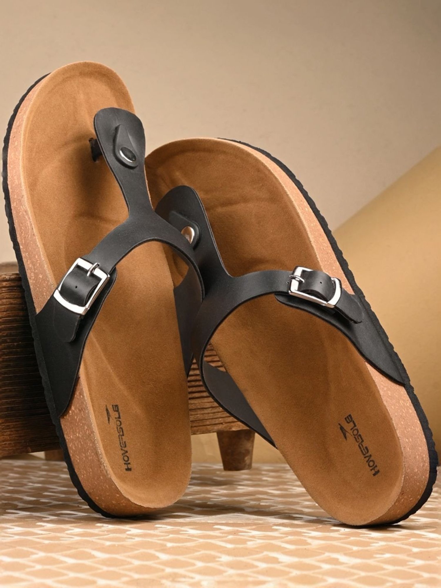 Hoversole Men's Black Cork T-Strap Sandals