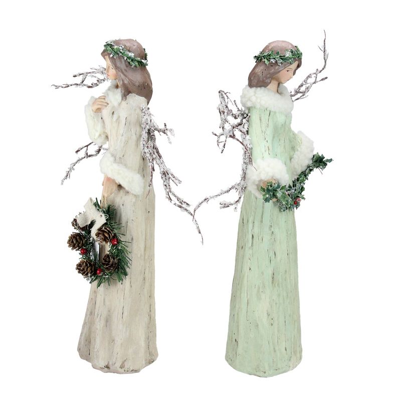 Melrose Set of 2 Beige and Mint Green Branch Winged Angels Christmas Tabletop Decor 15"