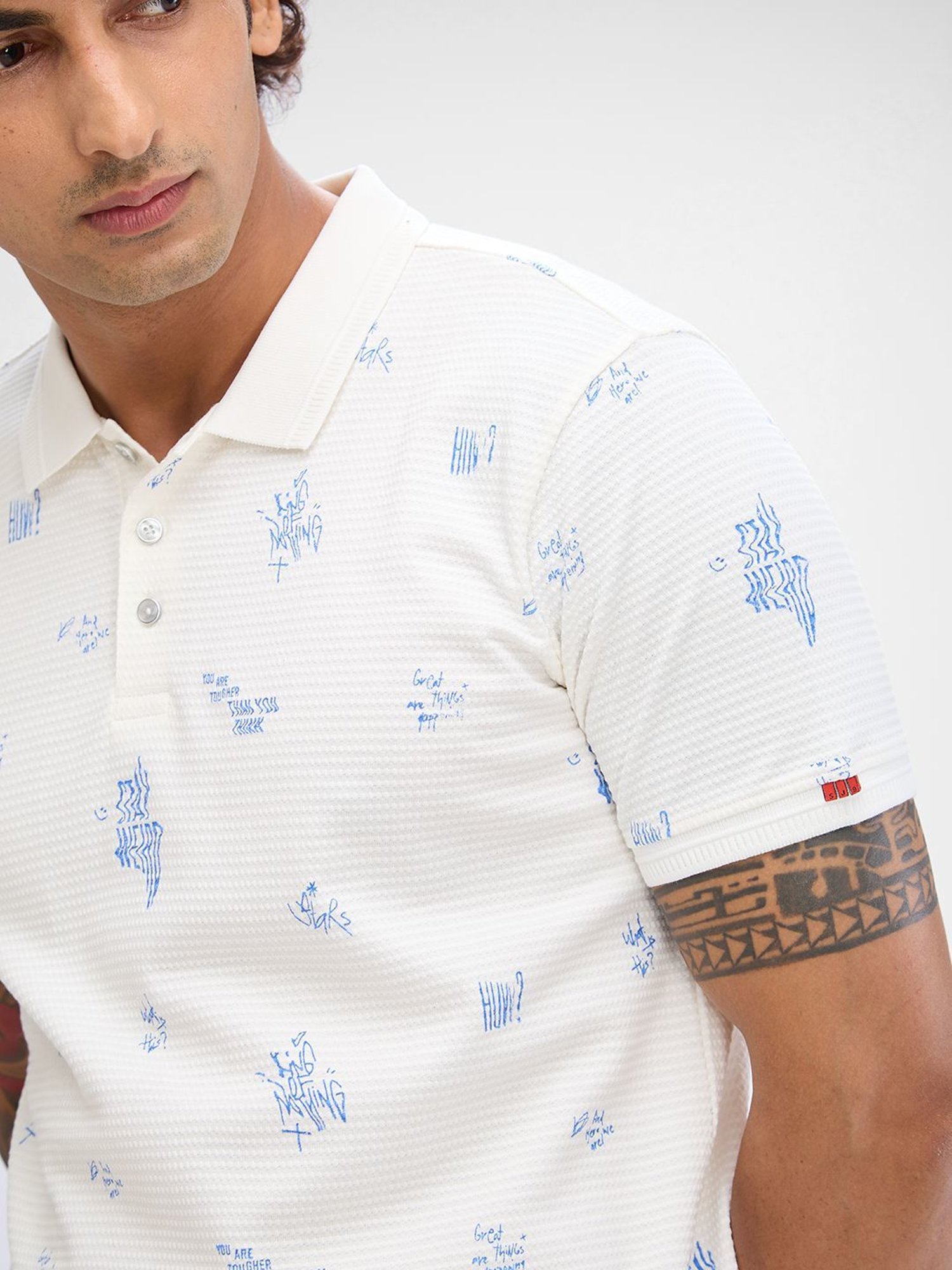 Spykar White Slim Fit Printed Polo T-Shirt