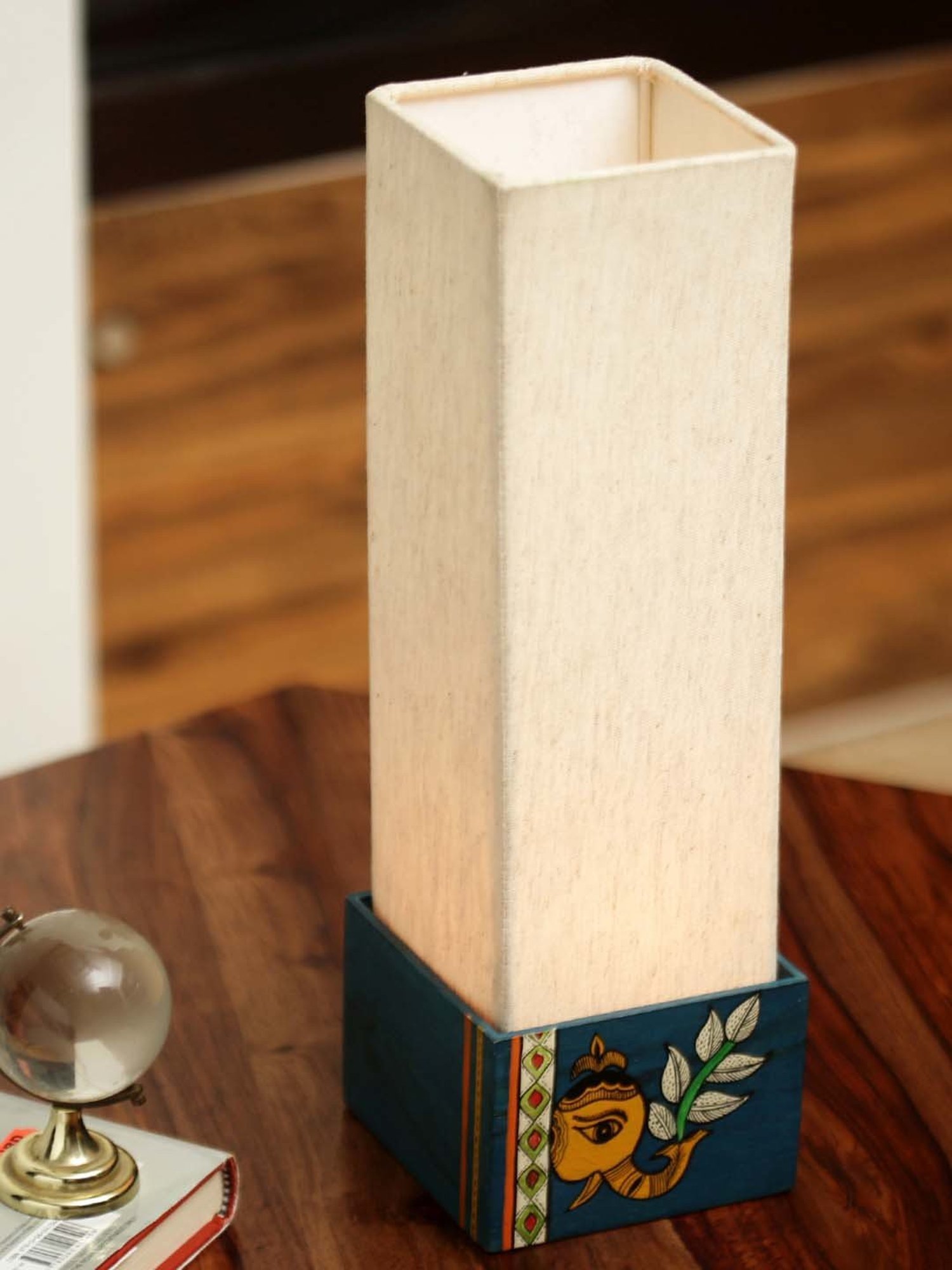 ExclusiveLane 'The Blueberry Elephant' Madhubani Hand-Painted Square Table Lamp In Wood