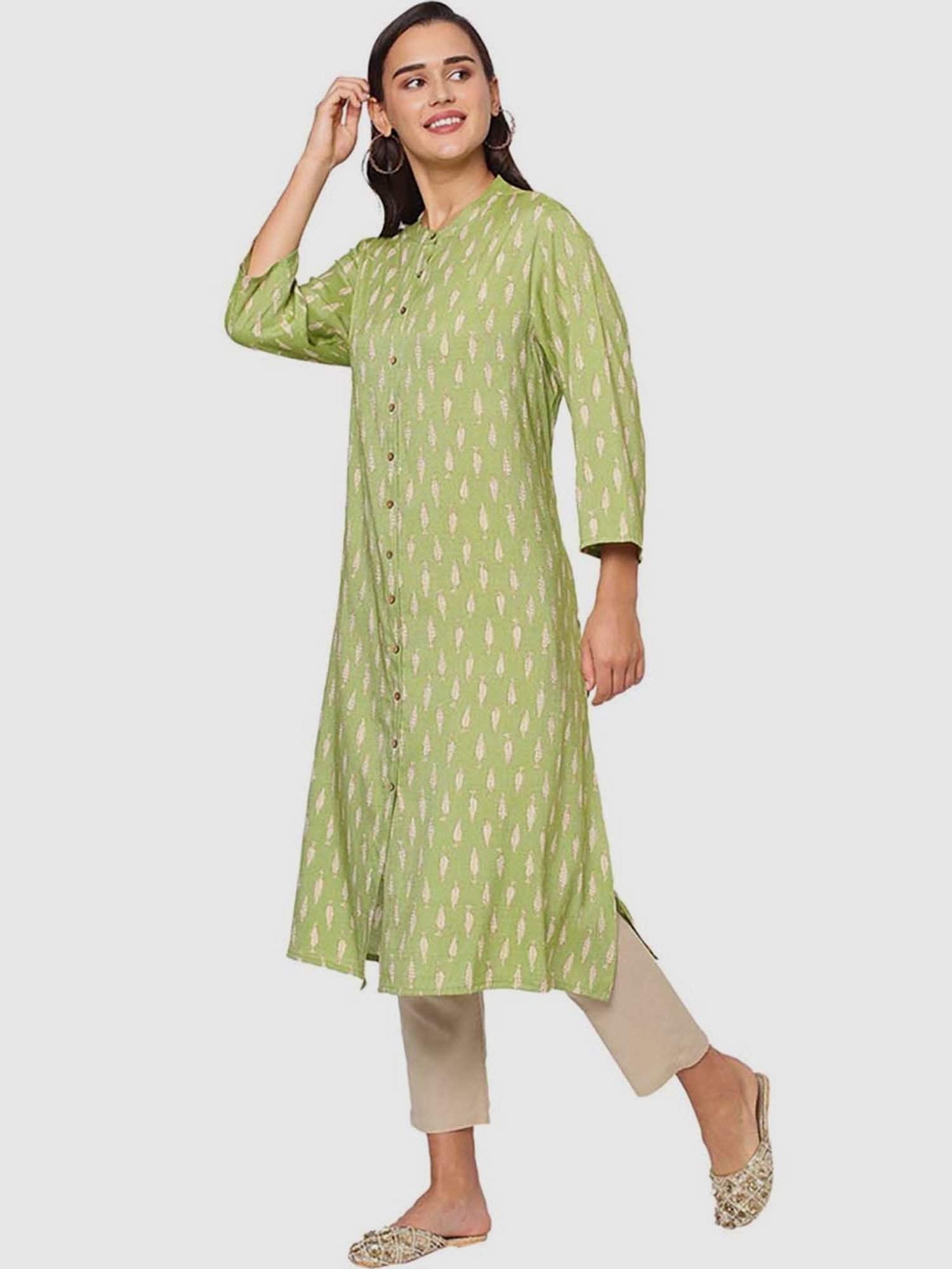 Fusion Beats Green Printed Straight Kurta