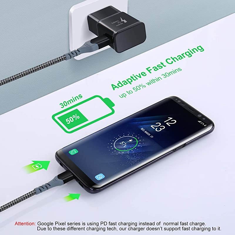 Adaptive Fast Charging Wall Charger with USB C Cable 10Ft,  Fast Charger Power Adapter USB Type C Cable Fast Charging Compatible with Samsung Galaxy S8/9+/10e,Note 8/9,LG G5/6 V20/30-Black