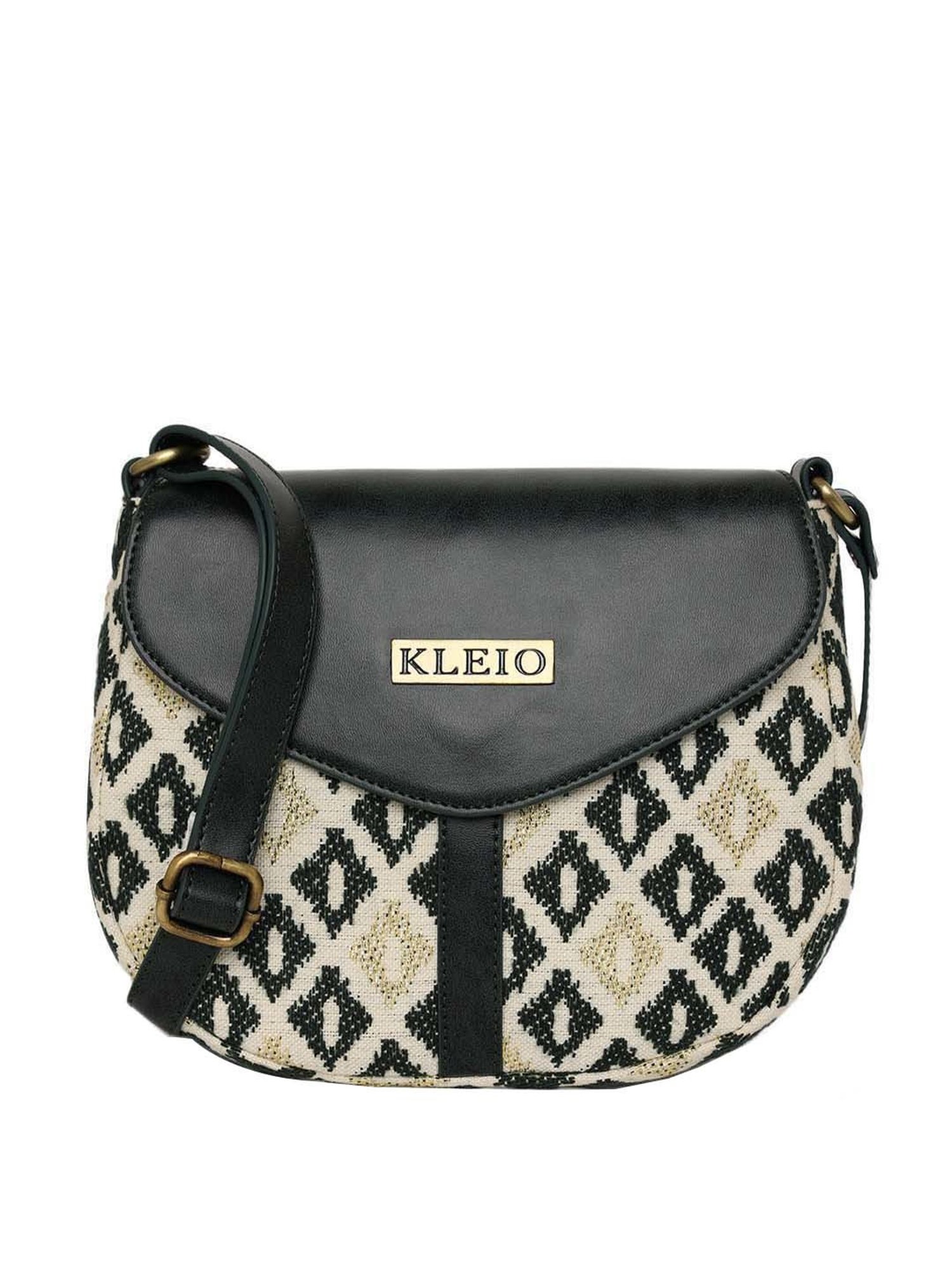KLEIO Black & Golden Textured Medium Sling Handbag