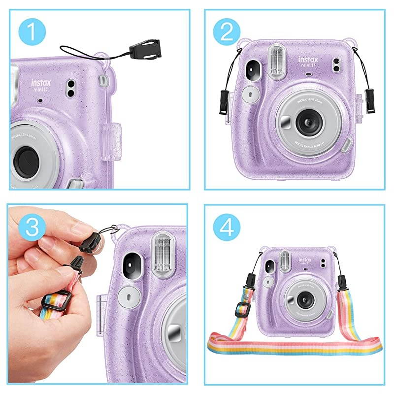 Protective Clear Case for Fujifilm Instax Mini 11 Instant Film Camera Crystal Hard PVC Cover with Removable Rainbow Shoulder Strap Shining Purple