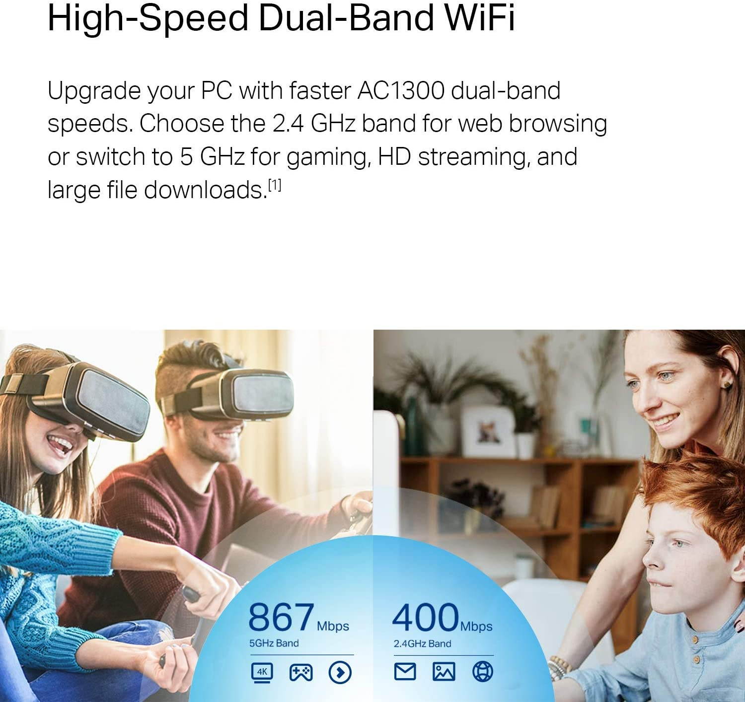 USB WiFi Adapter for PC (Archer T4U Plus)- AC1300Mbps Dual Band Wireless Network Adapter for Desktop with 2.4GHz/5GHz High Gain 5dBi Antennas, Supports Windows 10/8.1/8/7, Mac OS