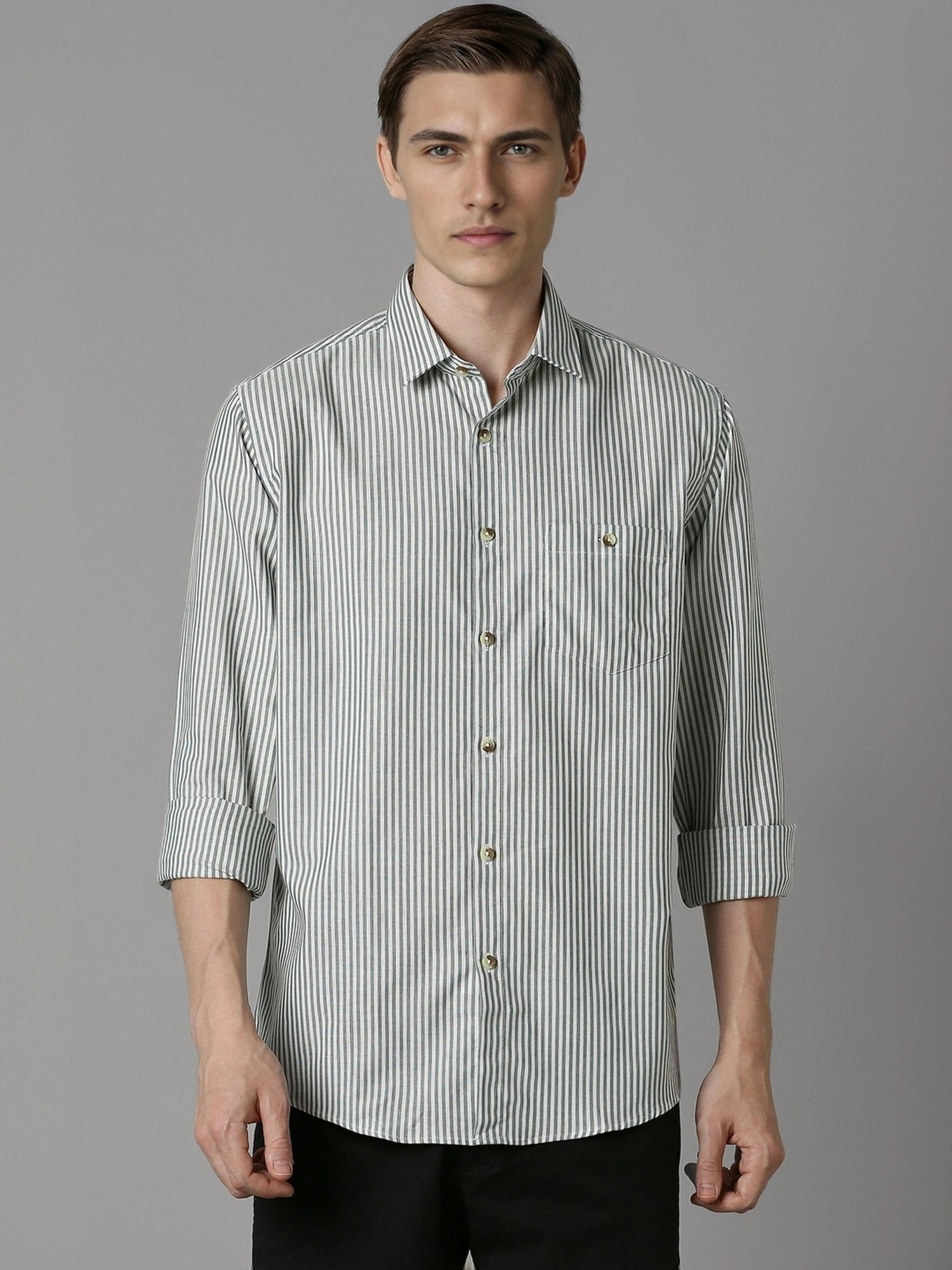 Louis Philippe Grey Cotton Slim Fit Striped Shirt