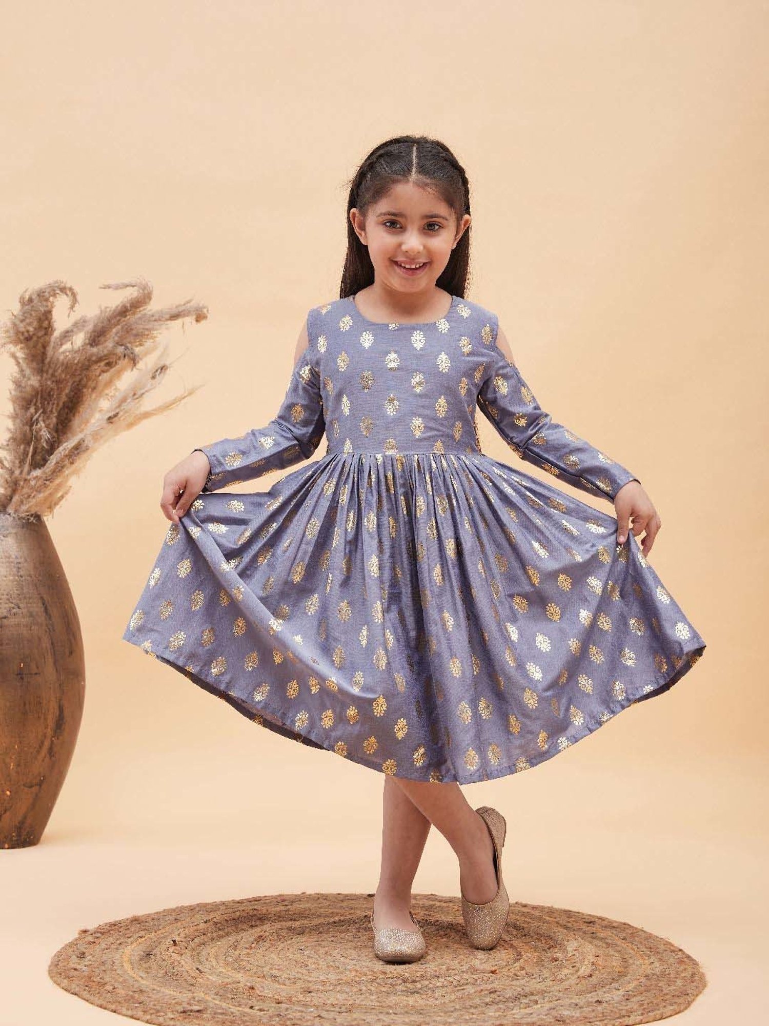 VASTRAMAY Girls Grey Printed Full Sleeves Dresses