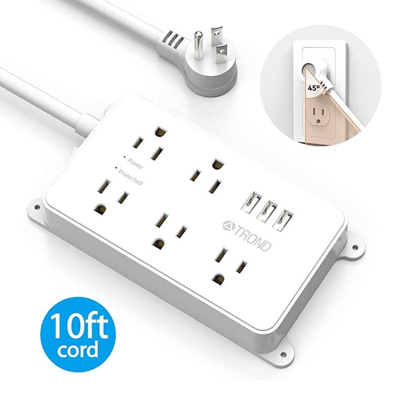 Power Strip Surge Protector Flat Plug, ETL Listed,  5 Widely-Spaced Outlets with 3 USB Ports, 1300 Joules, Low Profile Extension Cord 10ft, Wall Mountable, White