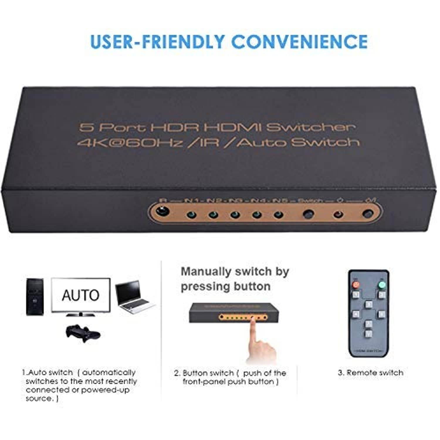 4K@60Hz HDMI Switch 5x1 Awakelion Premium 5 in 1 Out 4K HDMI Switch with IR Remote Support Auto-Switch, HDCP 2.2,UHD,HDR,Full HD,3D,1080P