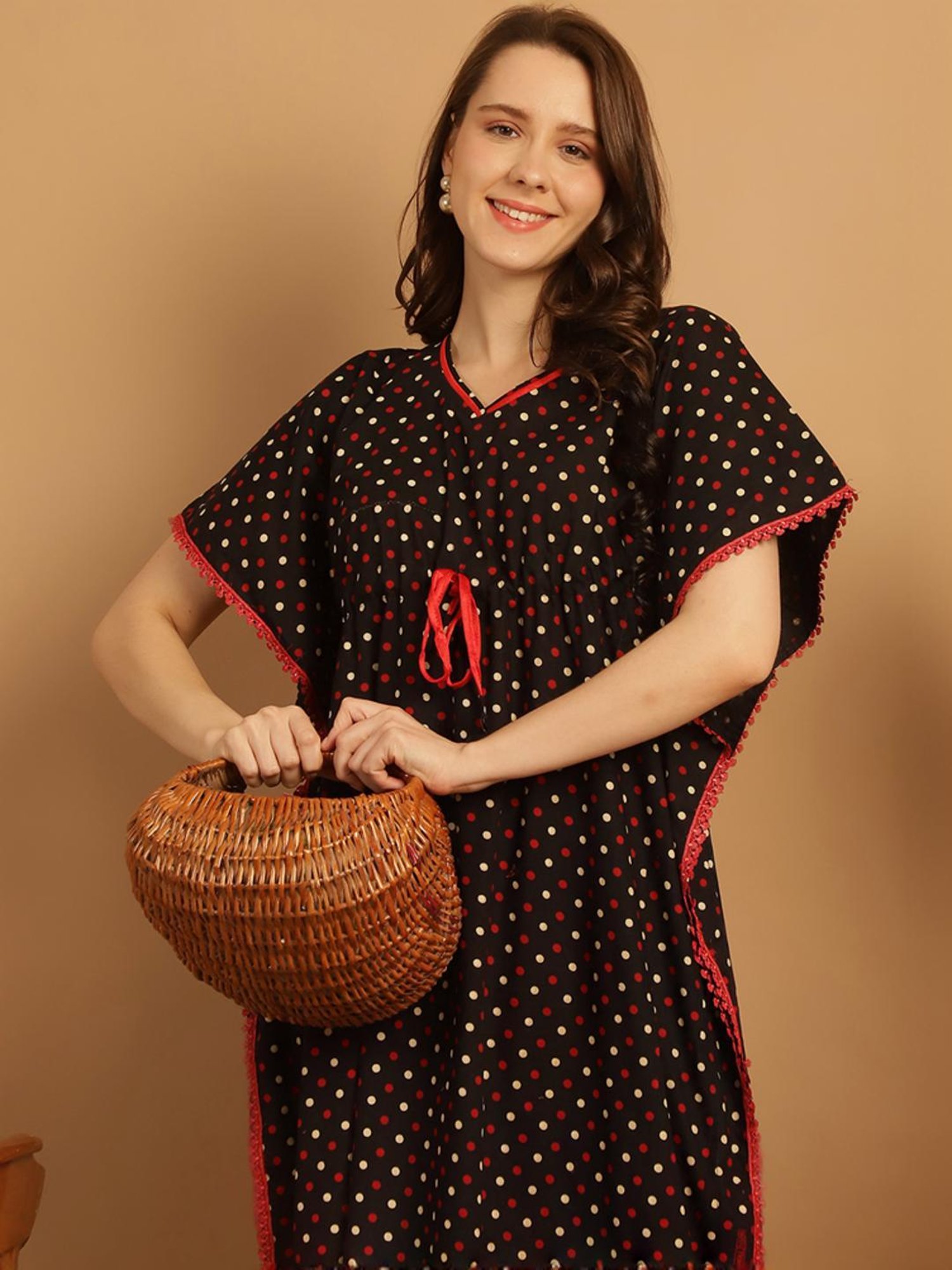 Secret Wish Black Cotton Polka Dots Kaftan