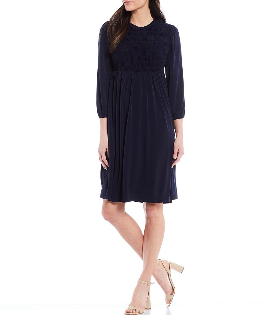 London Times Petite Size Long Sleeve Smocked Bodice Dress