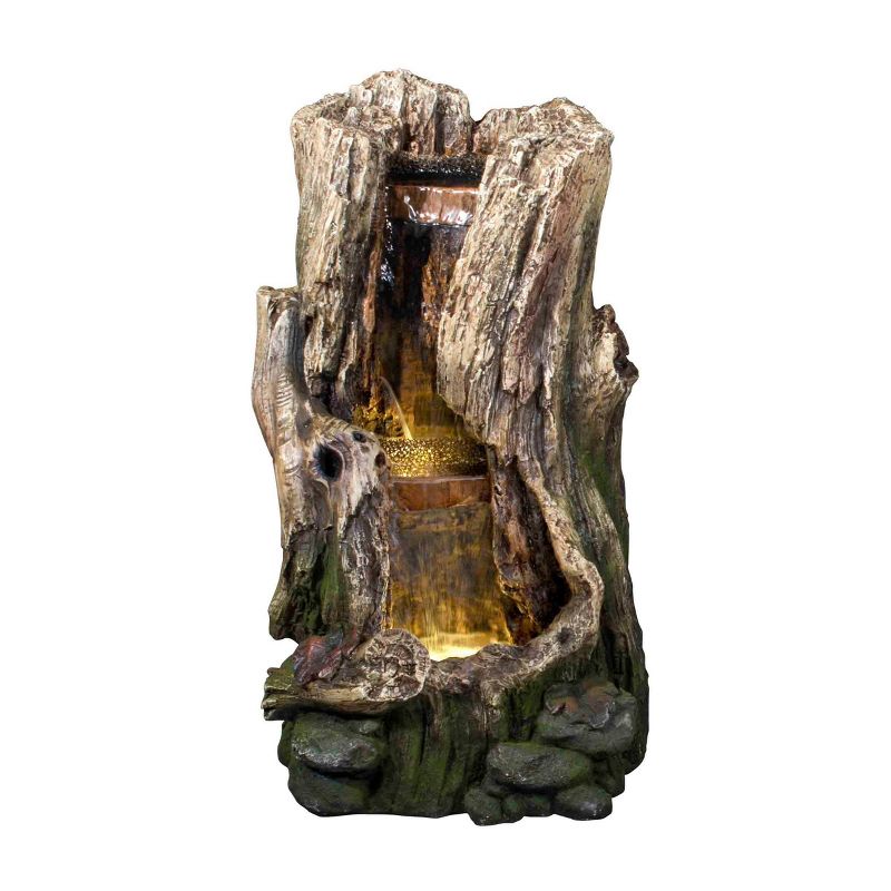 20" Tiered Tree Trunk Waterfall Fountain with 2 LED Lights Brown - Hi-Line Gift