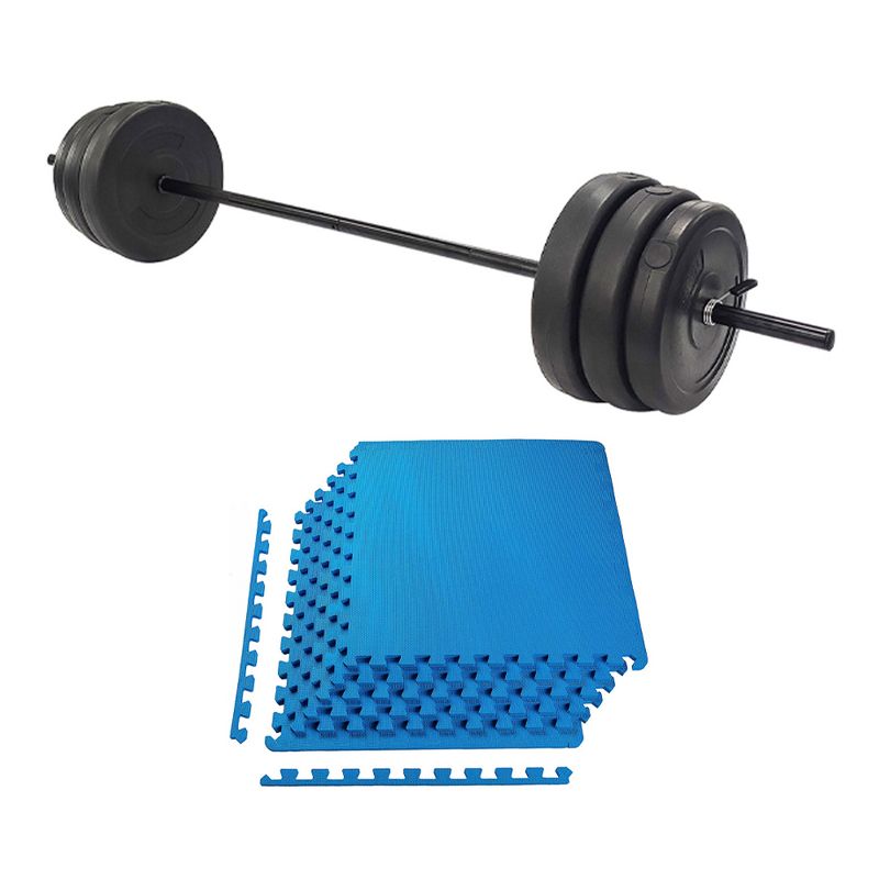 Everyday Essentials Steel Barbell Weight Lifting Set with Spring Clip Collars, 100 Pounds and 1/2 Inch Thick Floor Exercise Mat, Blue