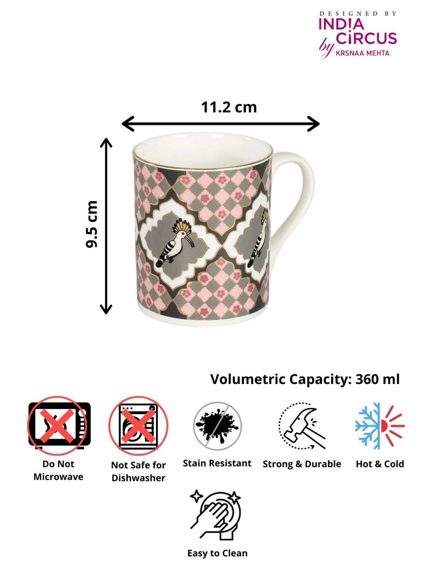 India Circus Pink & Grey Ceramic 11.2 cm Milk Mug (0.36 L) - Set of 2