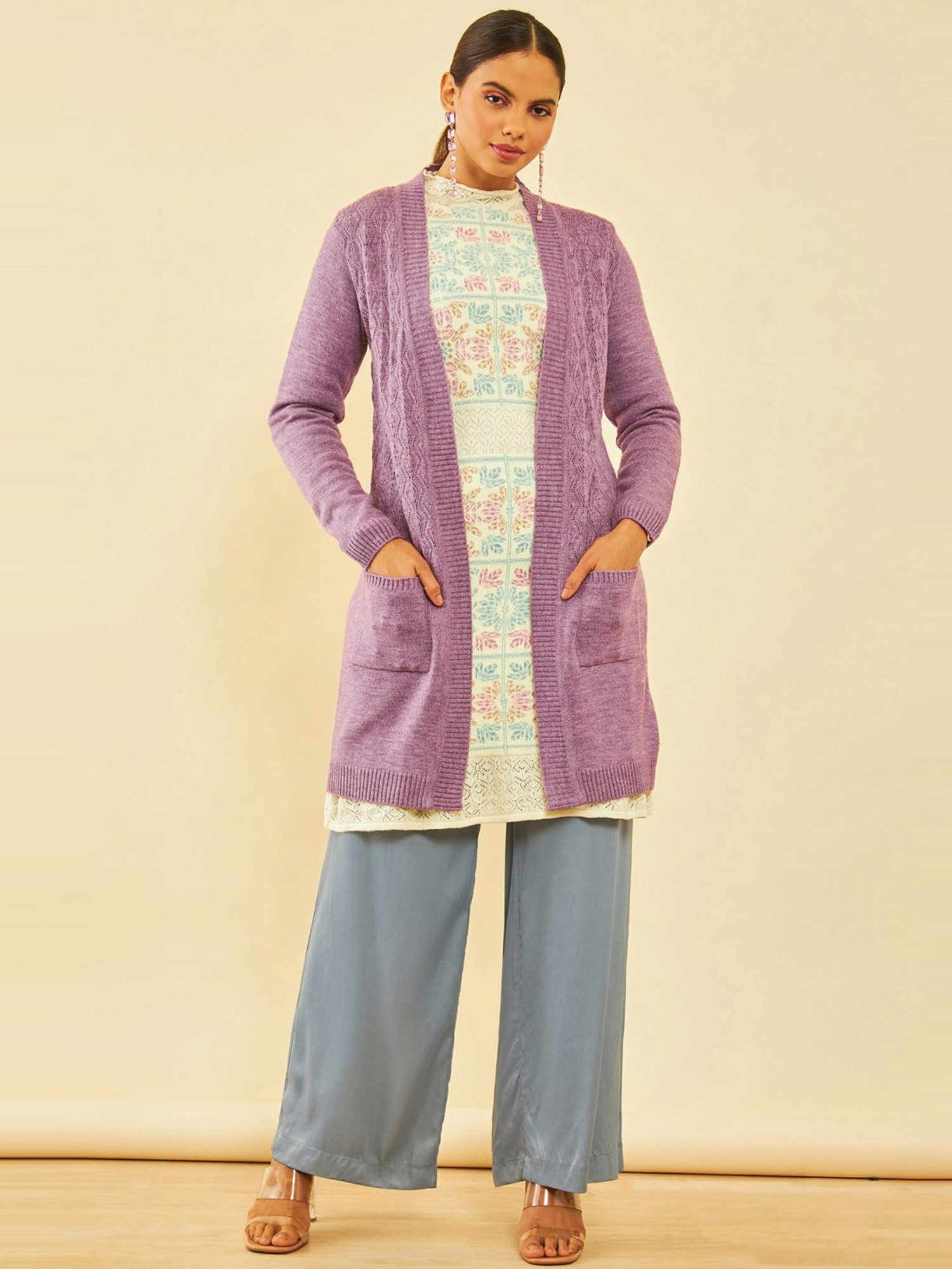 Soch Purple Acrylic Chevron Pattern Knitted Open-Front Longline Shrug