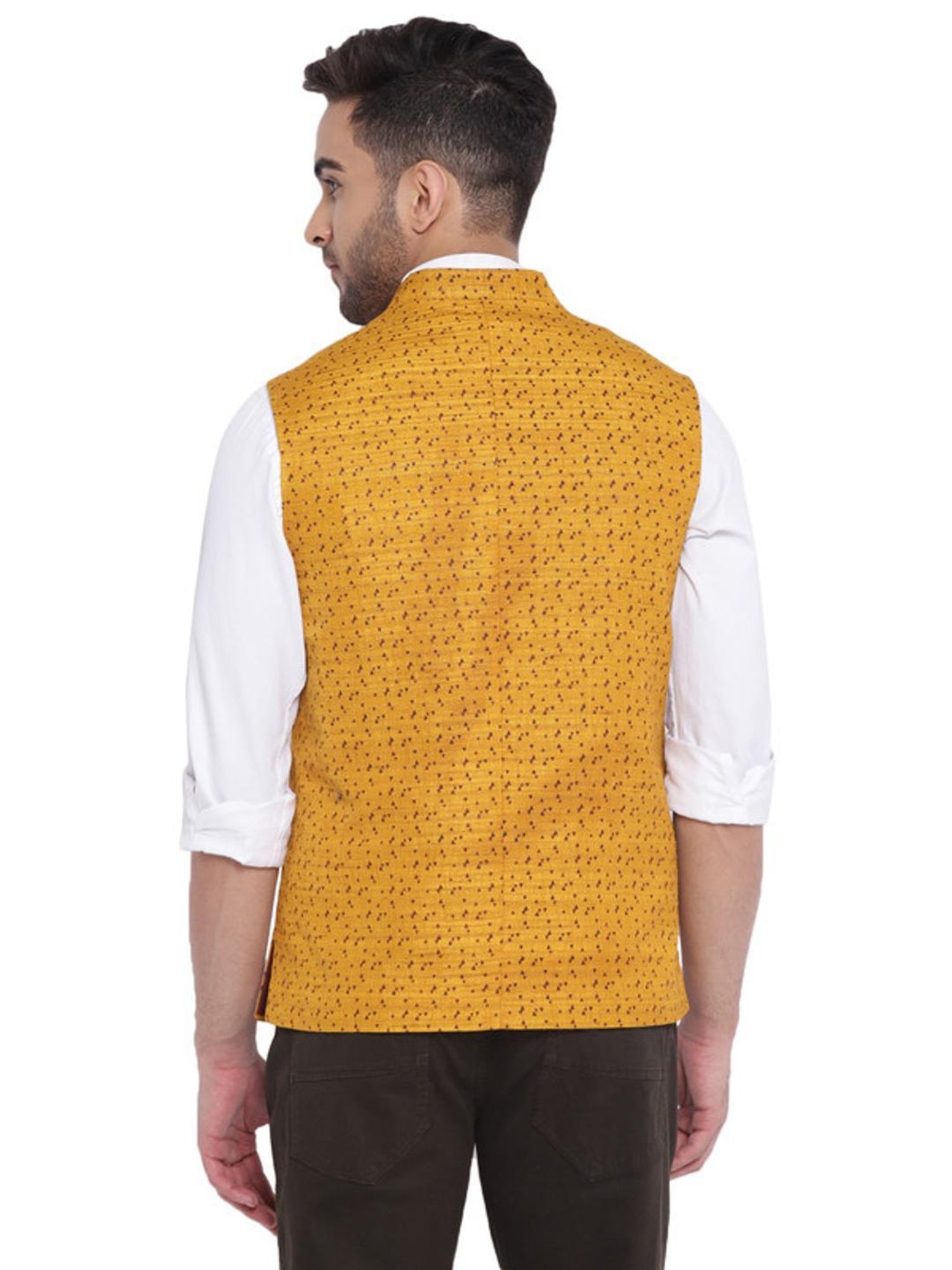 Turtle Yellow Cotton Slim Fit Printed Nehru Jacket