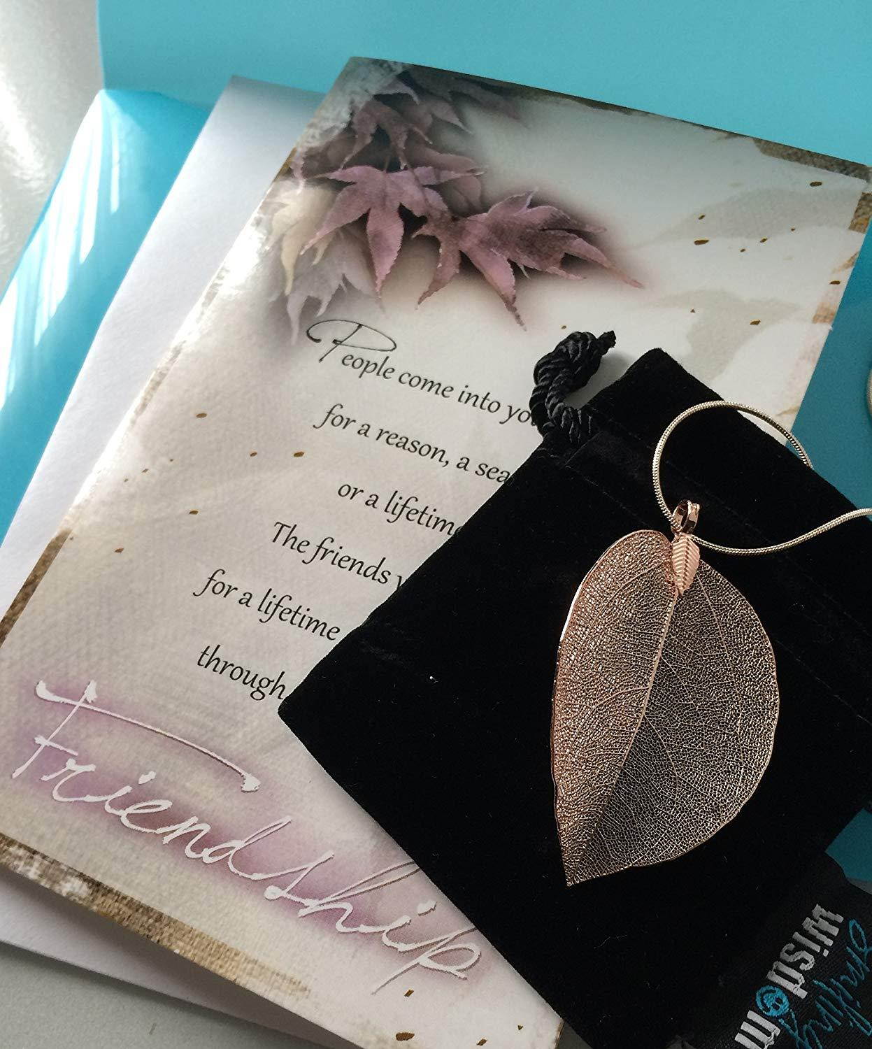 Smiling Wisdom - Rose Gold Real Leaf Friendship Necklace Gift Set - Reason Season Lifetime Friendship Greeting Card - Sweater Leaf Statement Necklace - For Her, Awesome Best Friend - Rose Pink Color
